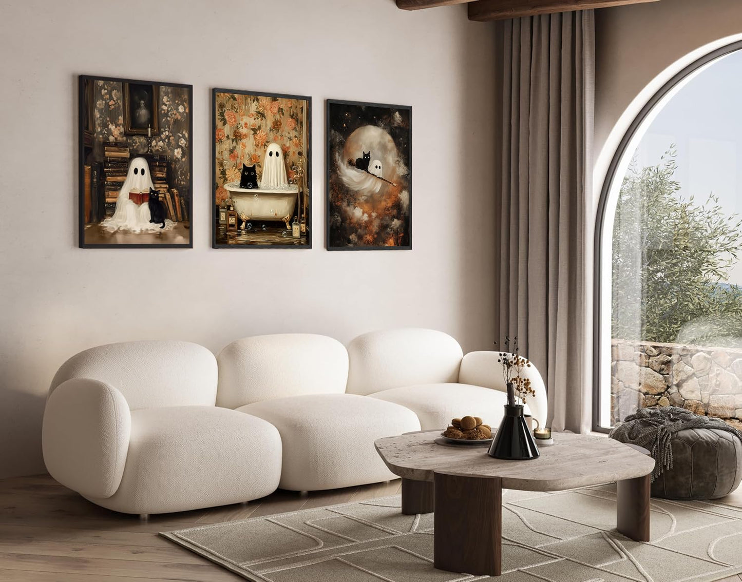 3Pcs Halloween Ghost Wall Art Funny Gothic Moody Ghosts and Black Cat Painting Picture Wall Decor Reading Horror Dark Academia Poster Print Artwork for Bathroom Livingroom Home Decoration noframe