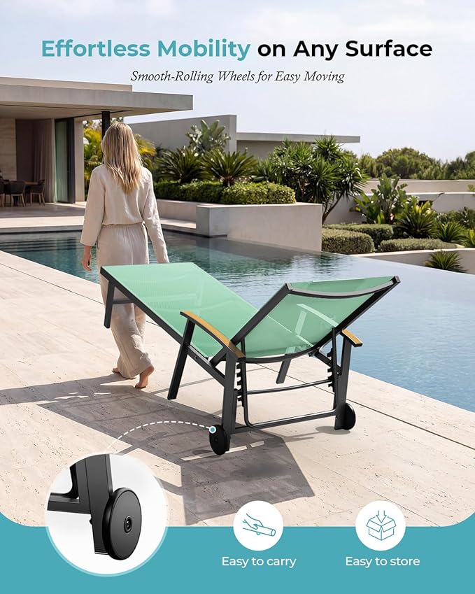 Ciokea Outdoor Lounge Chair with Pillow Set of 4, 5-Position Chaise Lounge with Wheels & Armrests, 400 lbs Heavy Duty Aluminum Pool Lounge Chairs, for Beach, Deck, Poolside & Backyard, Light Green