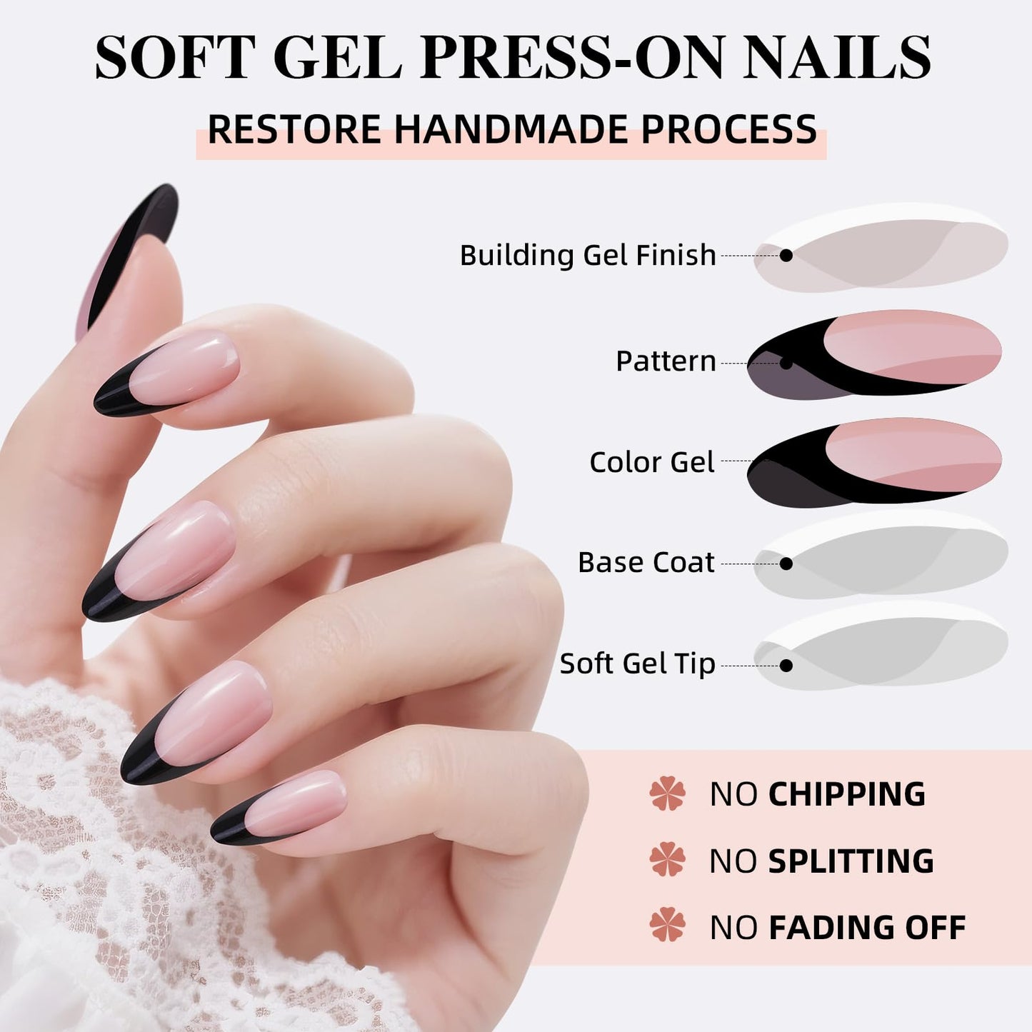 Sifvoo Black French Tip Press On Nails Short Almond, Glossy Reusable Press On Nails for Women, 32 Count 16 Sizes Nail Kit with Glue (SV-02)