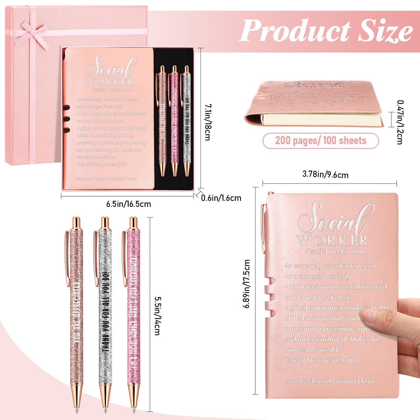 Resurhang 5 Pcs School Social Worker Must Haves Office Supplies Graduation Gift Leather Journal Notebook 3 Ballpoint Pens with Box Thank You Social Work Appreciation Gift for BSW MSW DSW(Pink)