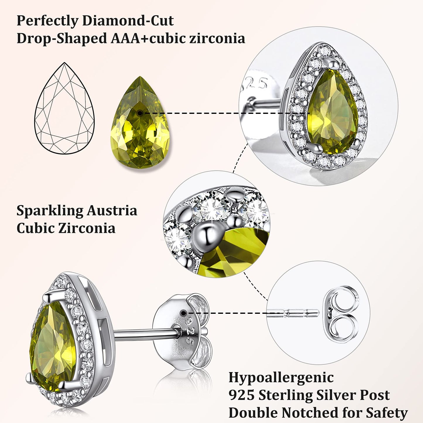 Bestyle 925 Sterling Silver Infinite Birthstone Teardrop Stud August Peridot Birthstone Earrings, Dainty Love Statement Stud Earrings, Birthday/Valentines/Christmas Gift for Women/