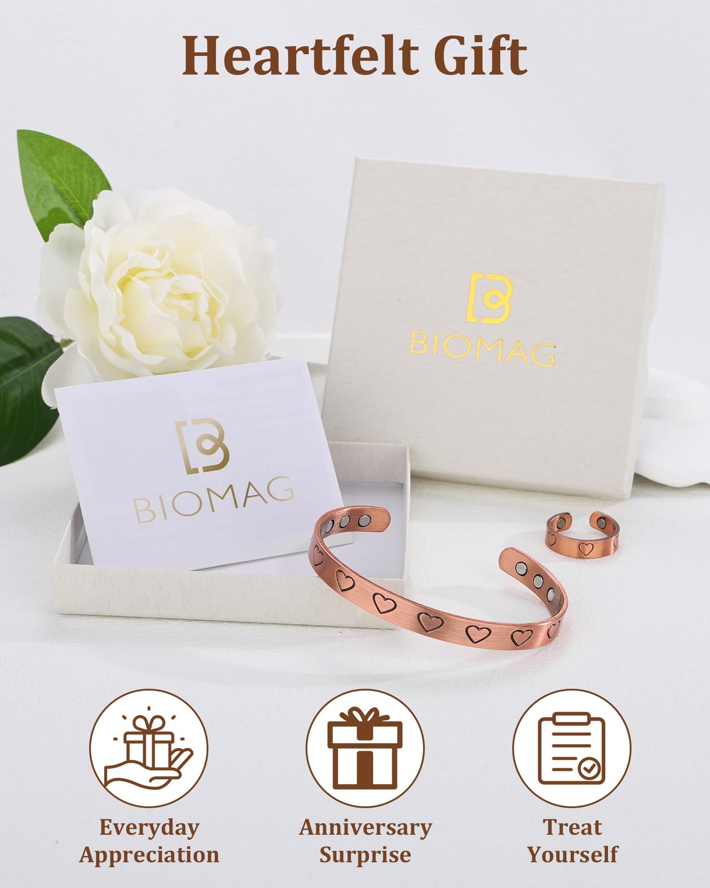 BioMag Heart Design Magnetic Copper Bracelet & Lymphatic Drainage Ring for Women Men, 99.99% Pure Copper Cuff Bangle & Ring, Adjustable Size