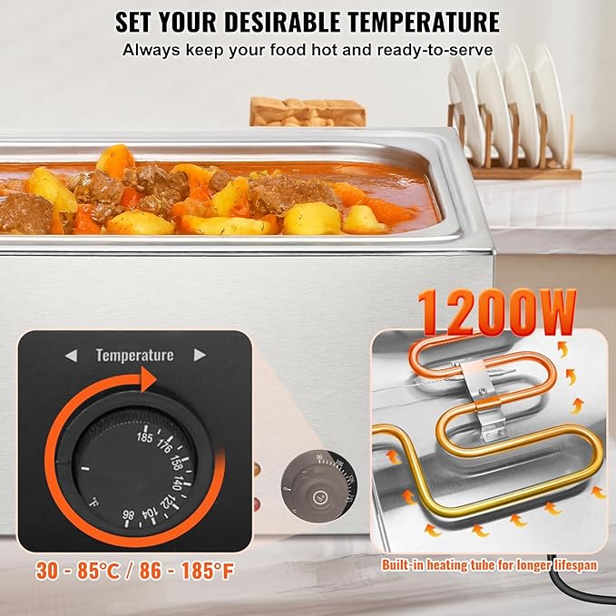 VEVOR Commercial Food Warmer 24QT Bain Marie 1200W Electric Buffet Warmer Steam Table Food Warmer Countertop Stainless Steel Food Warmer Wet or Dry Use for Parties, Catering and Restaurant