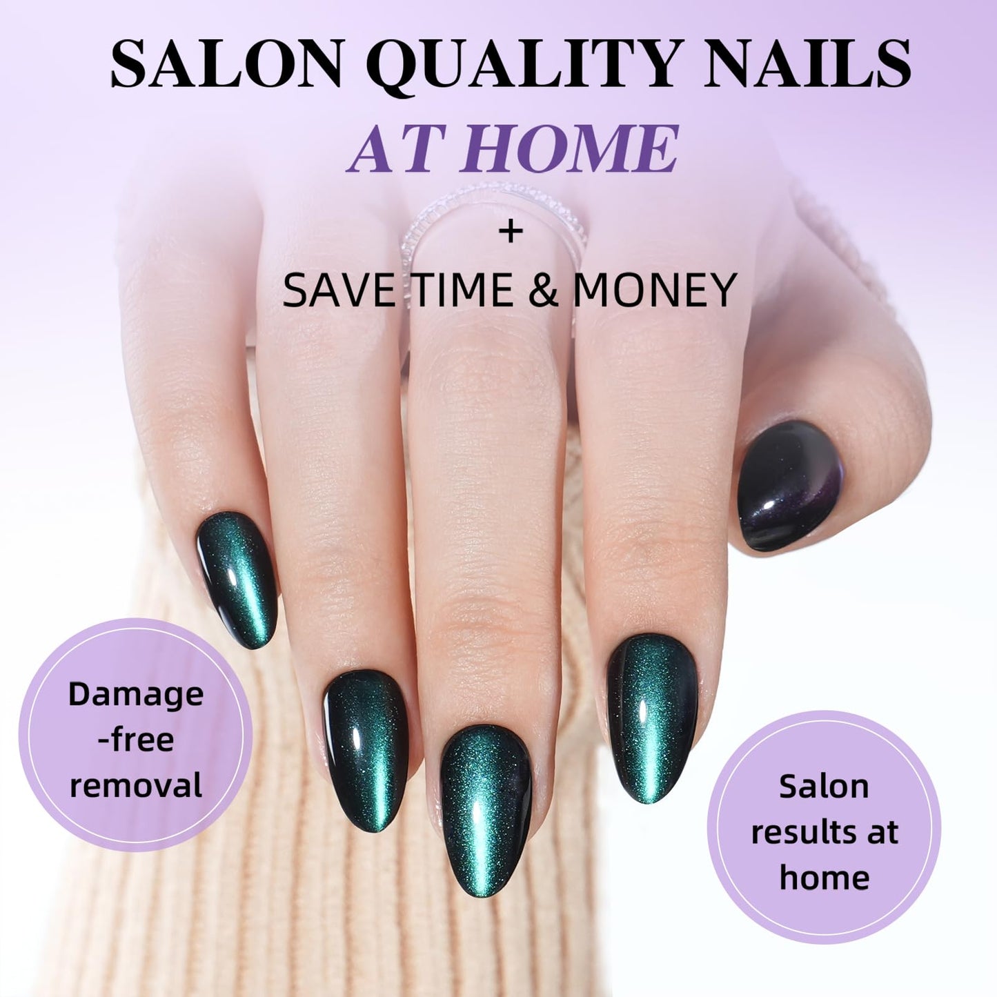 Emerald Green Cat Eye Press On Nails, Short Almond Green Nails Press Ons for Women Fake Nails with Glue, Glossy Reusable Glue on Nail in 16 Sizes - 32pcs