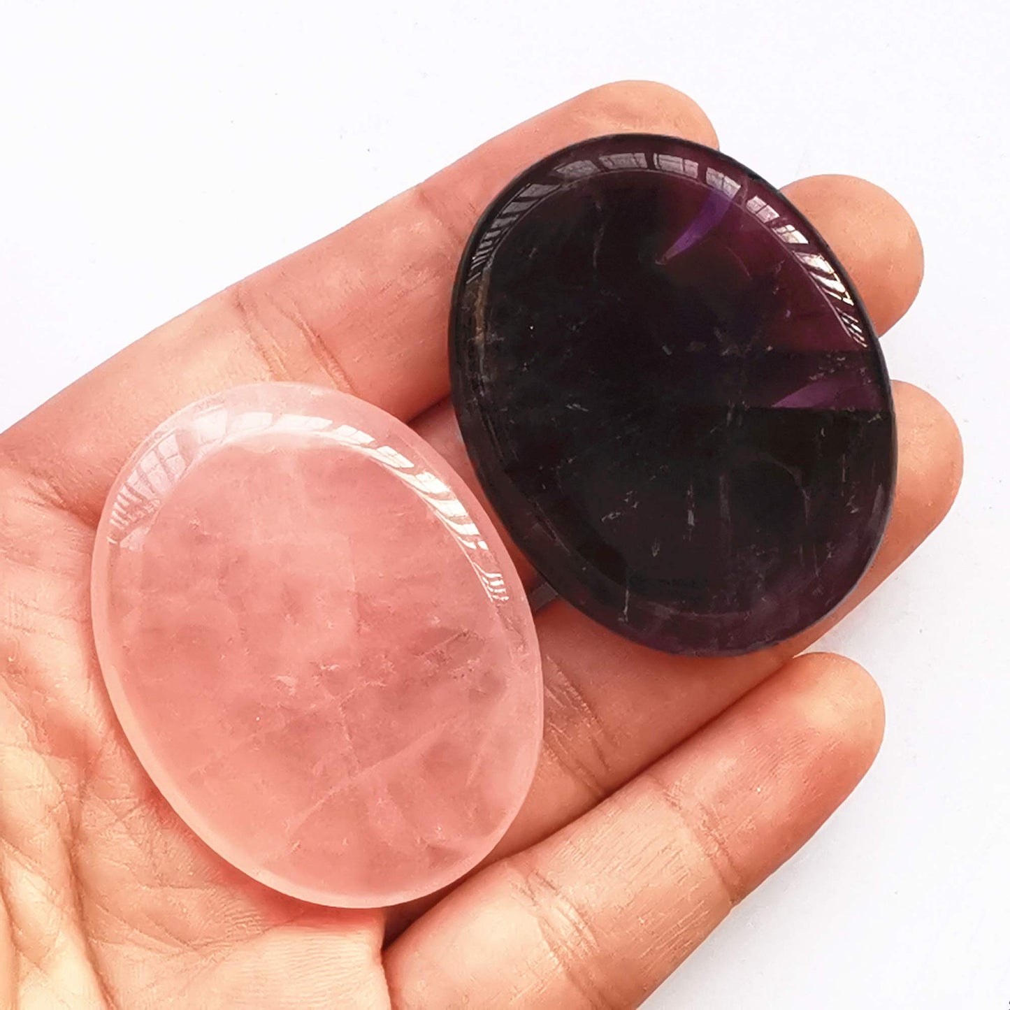 Bacatgem 2 Pcs Natural Rose Quartz and Amethyst Crystal Thumb Worry Stone,Stress Relax Healing Reiki Crystal Pocket Palm Stones