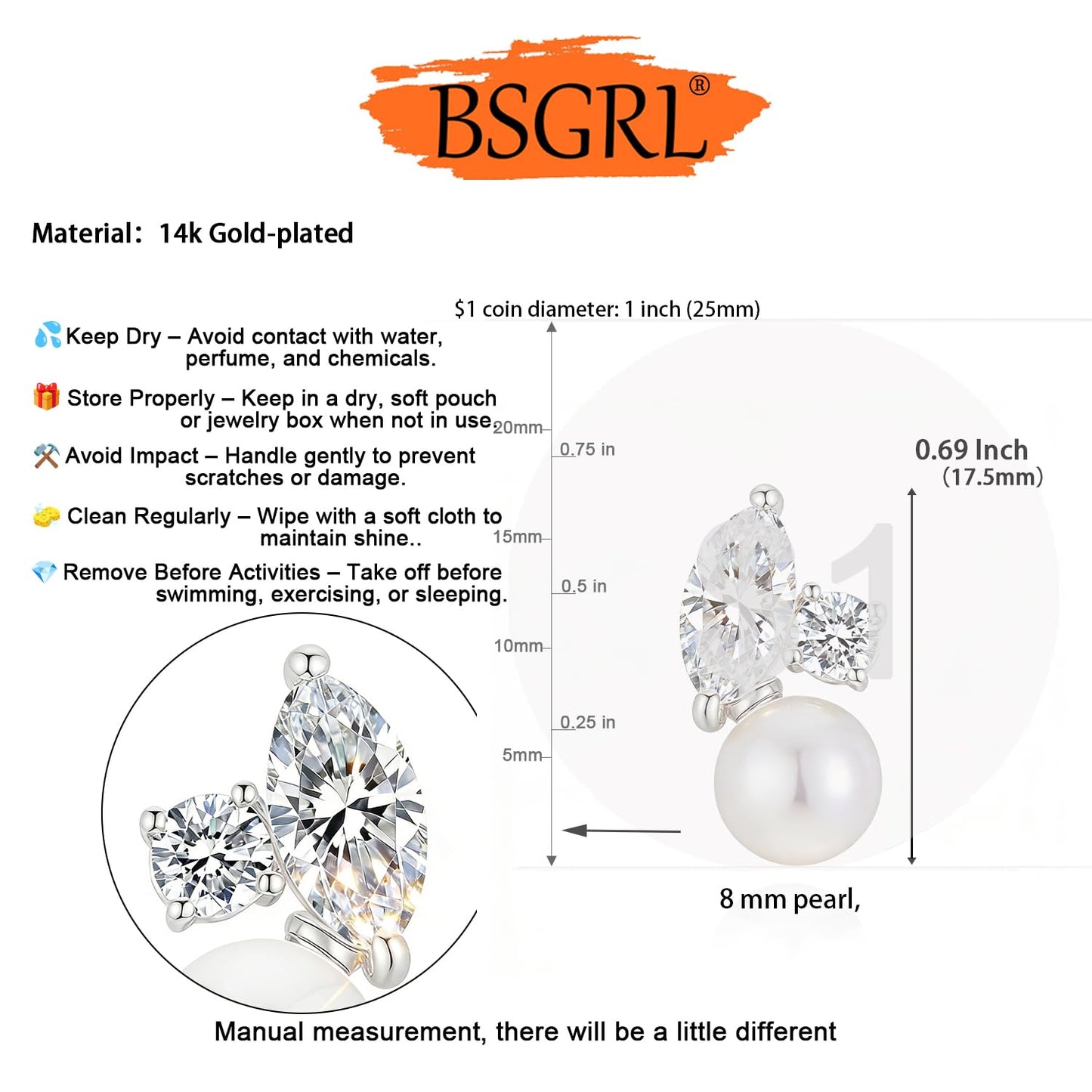 BSGRL Pearl Earrings - Silver 14k White Sparkle Gold Plated Cubic Zirconia Pearl Stud Earrings for Women Wedding Party Bridal