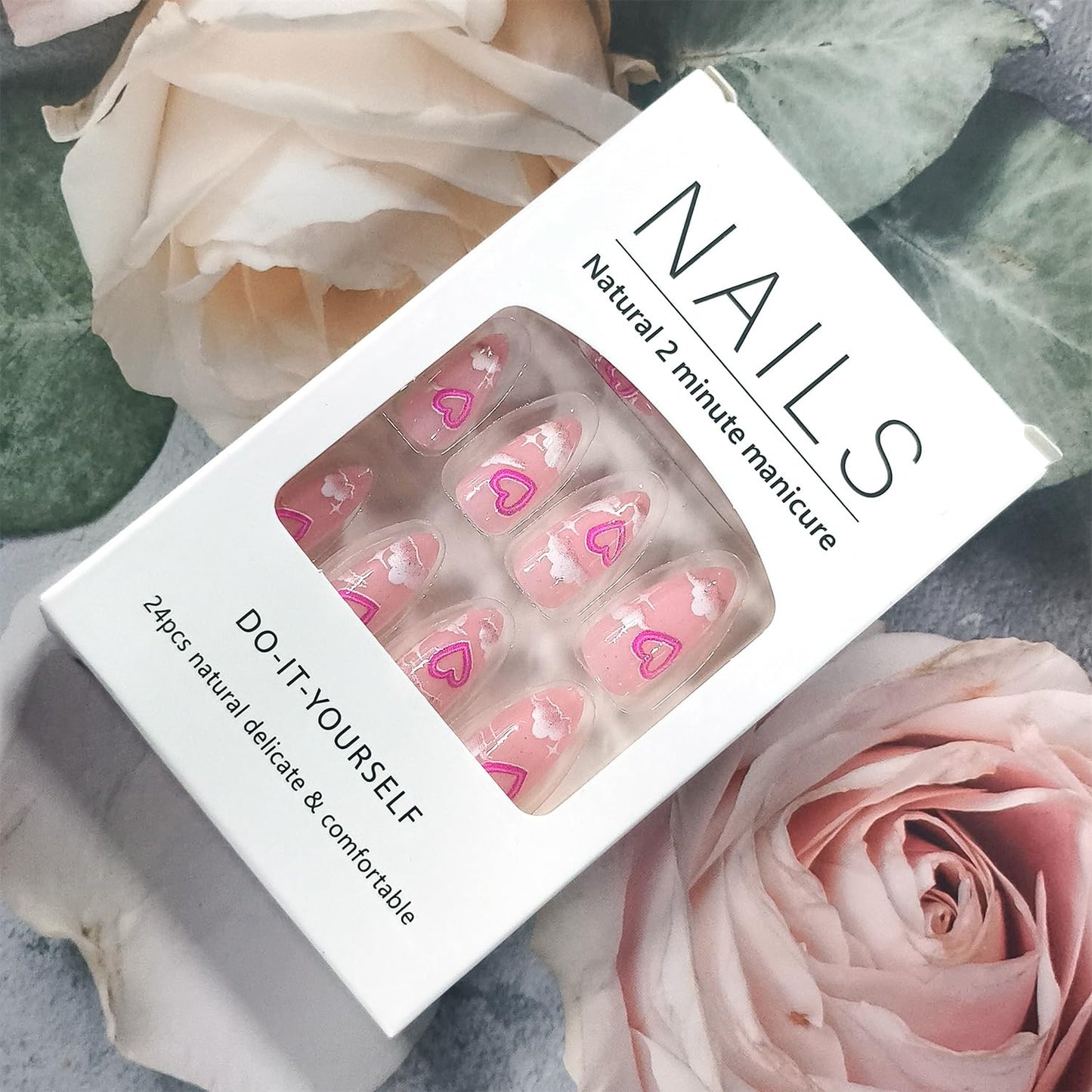 Heart Press on Nails Short Almond Artificial Acrylic Fingernails Translucent Pink Love with Irregular Clouds Full Cover Glossy Valentines Glue on Nail Artificial Nail for Women Festival Manicure