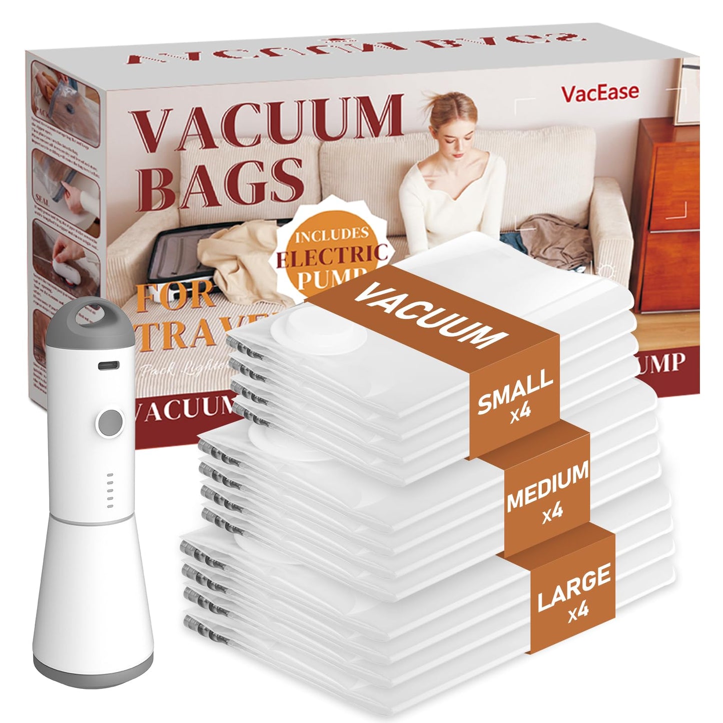 Vacbird Travel Vacuum Storage Bags with Rechargeable Cordless Pump, 12 Pack Vacuum Seal Bags for Clothing(4 Large+4 Medium+4 Small), Compression Packing for Clothes Suitcase Luggage Blanket Pillows