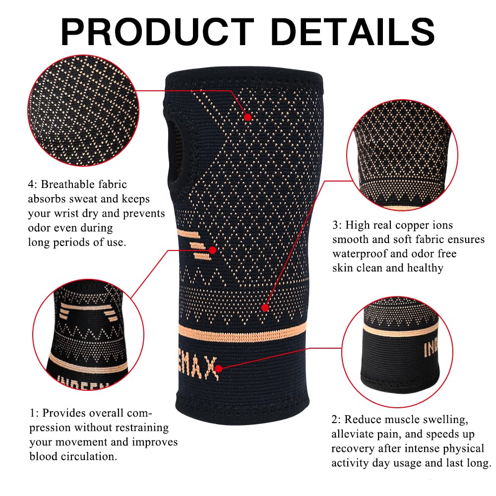 INDEEMAX Copper Wrist Compression Sleeve 1 Pair, Comfortable Hand Brace Support for Arthritis, Tendonitis, Sprains, Workout, Carpal Tunnel - Left & Right - Women and Men
