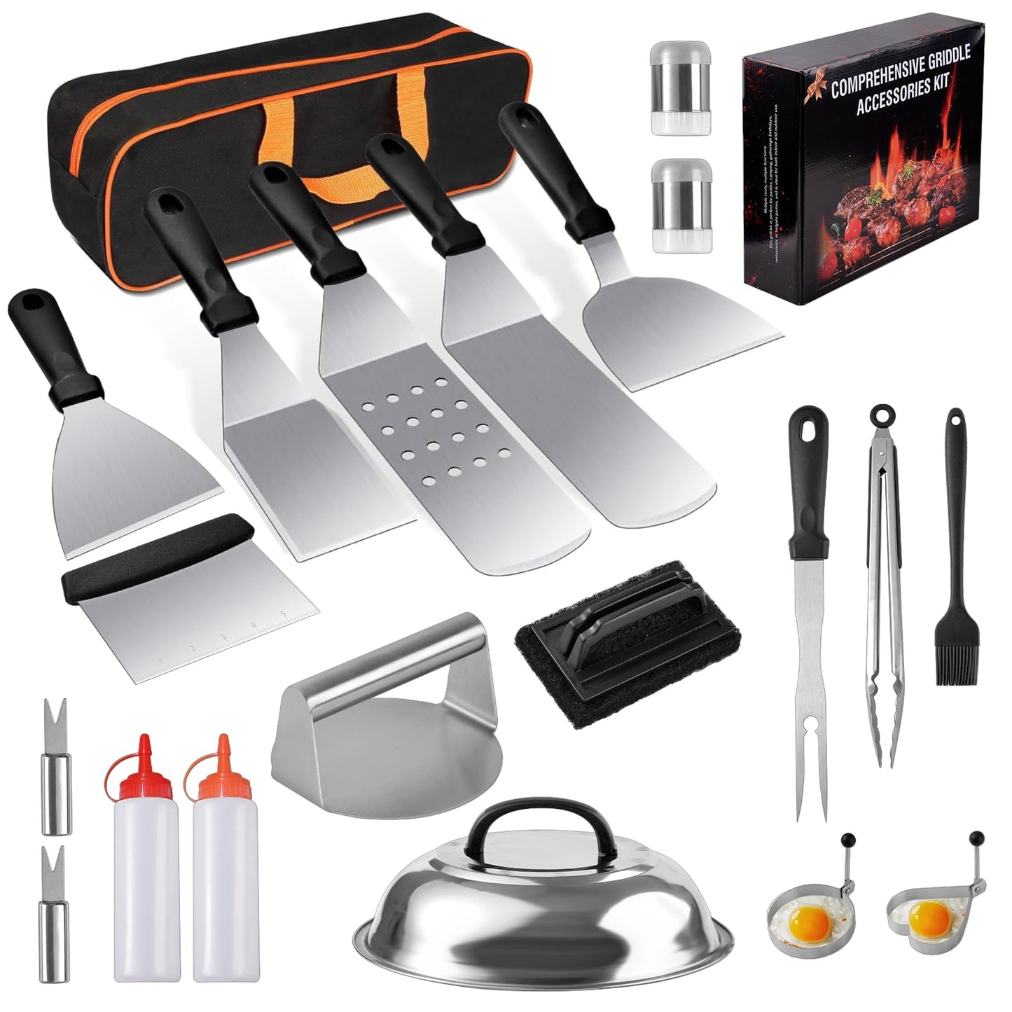 22PCS Griddle Accessories for Blackstone, Flat Top Grill Accessories for Camp Chef, Griddle Spatula Set with Metal Spatula, Enlarged Spatulas, Basting Cover, Scraper for Outdoor Barbecue