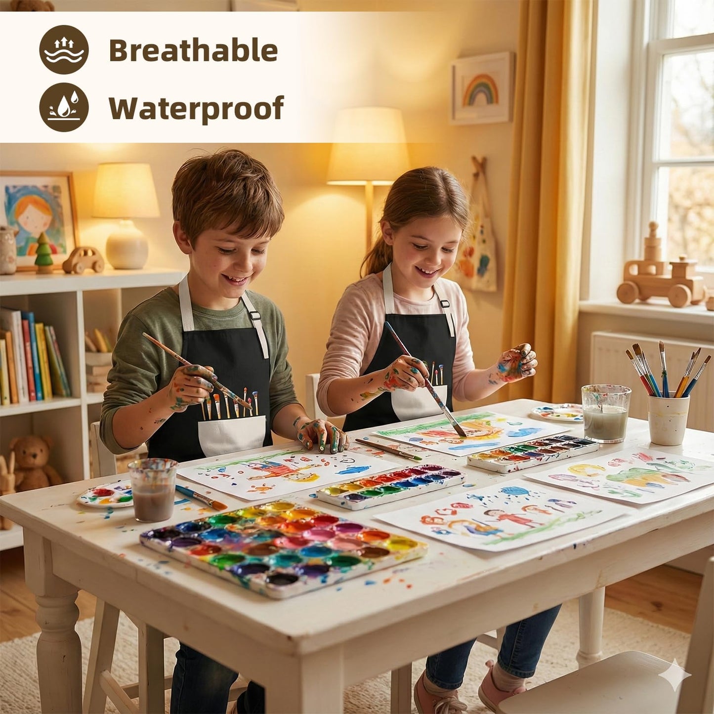 VZZNN 12 Pack Kids Art Smock,Waterproof Kids Painting Apron with Pocket for Art Crafts Painting Cooking Activities (Black)