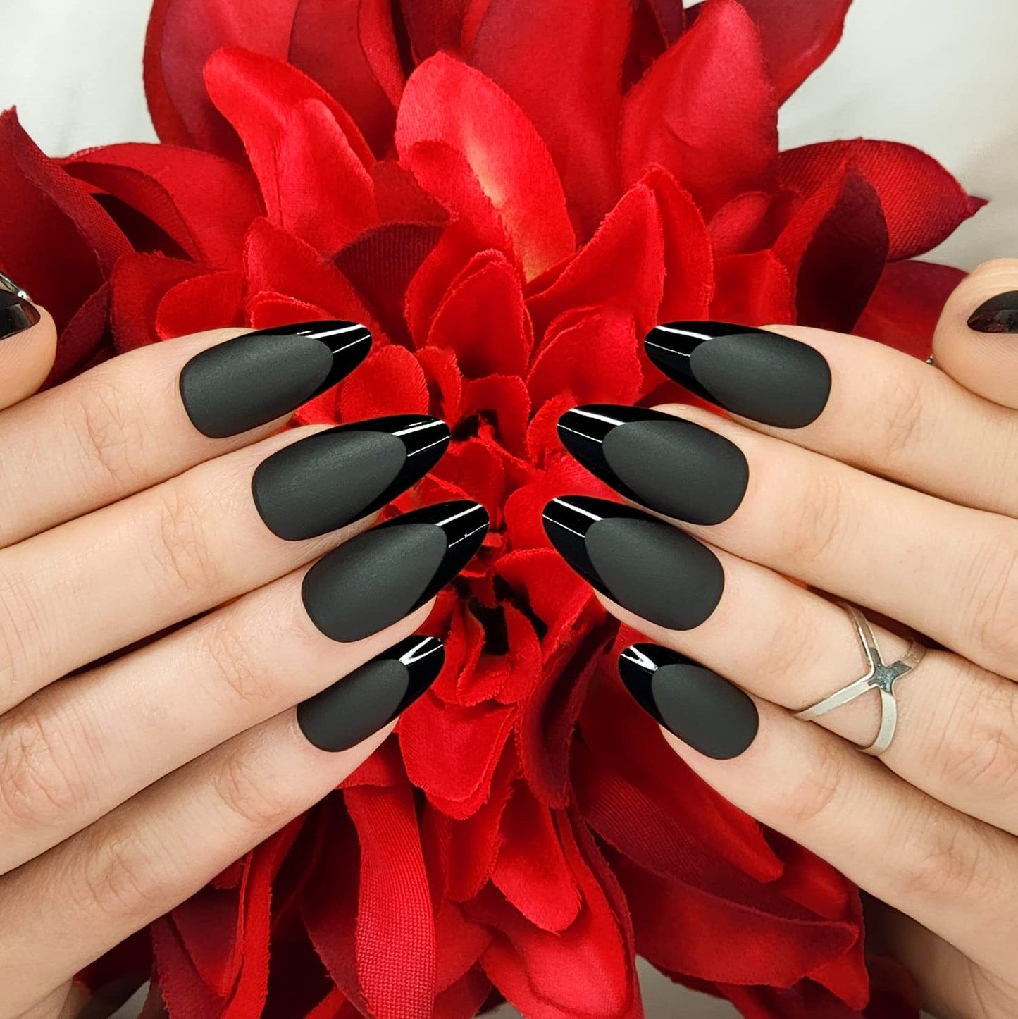 Hypnaughty 24 Pcs Caviar Almond Black Matte Press On Nails with Glossy Black French Tip and Glue Medium Long Pointed Oval False Nails (Caviar)