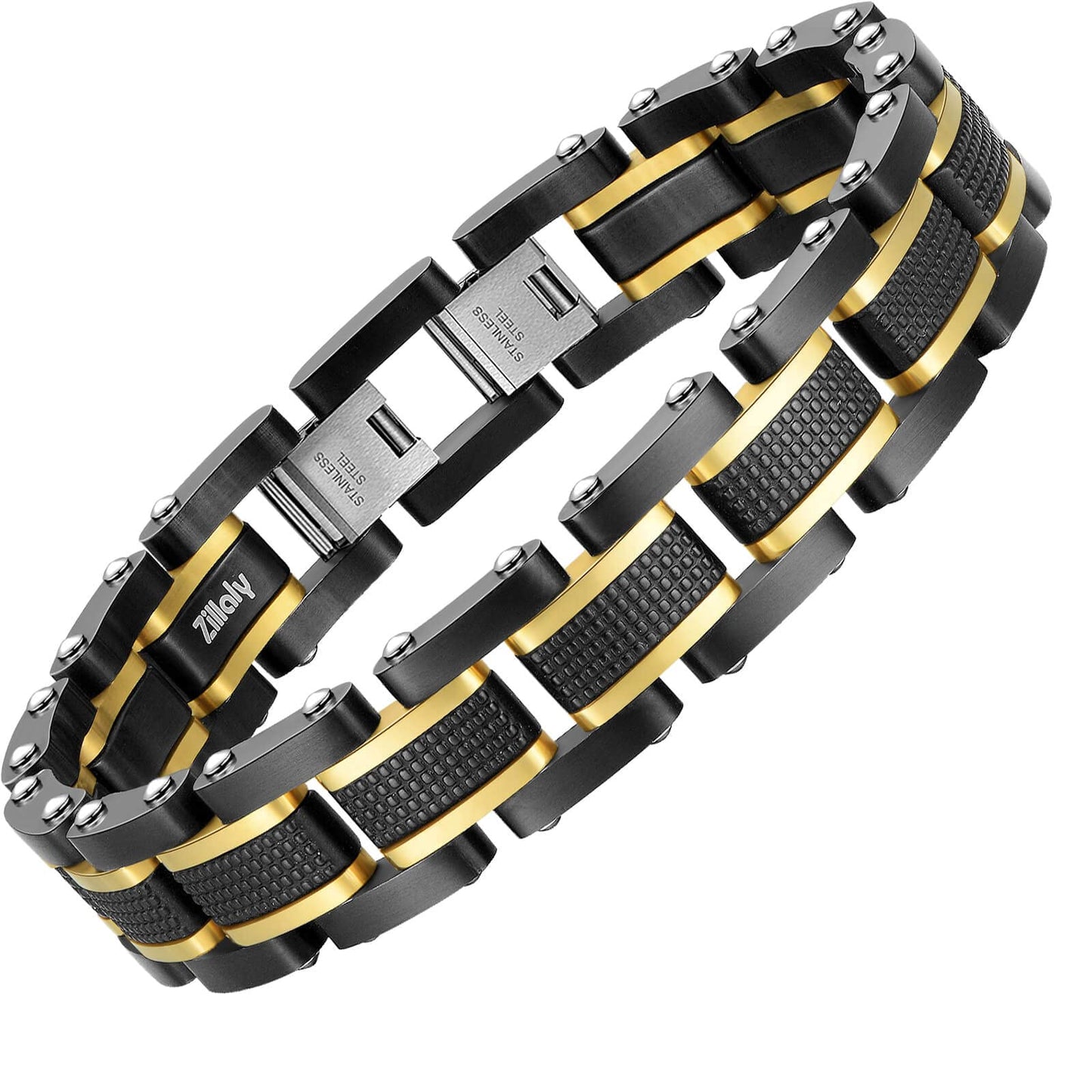 Zillaly Men's Stainless Steel Two-Tone Square Link diamond Bracelet in Black & Blue Ion-Plated Black (Black gold)