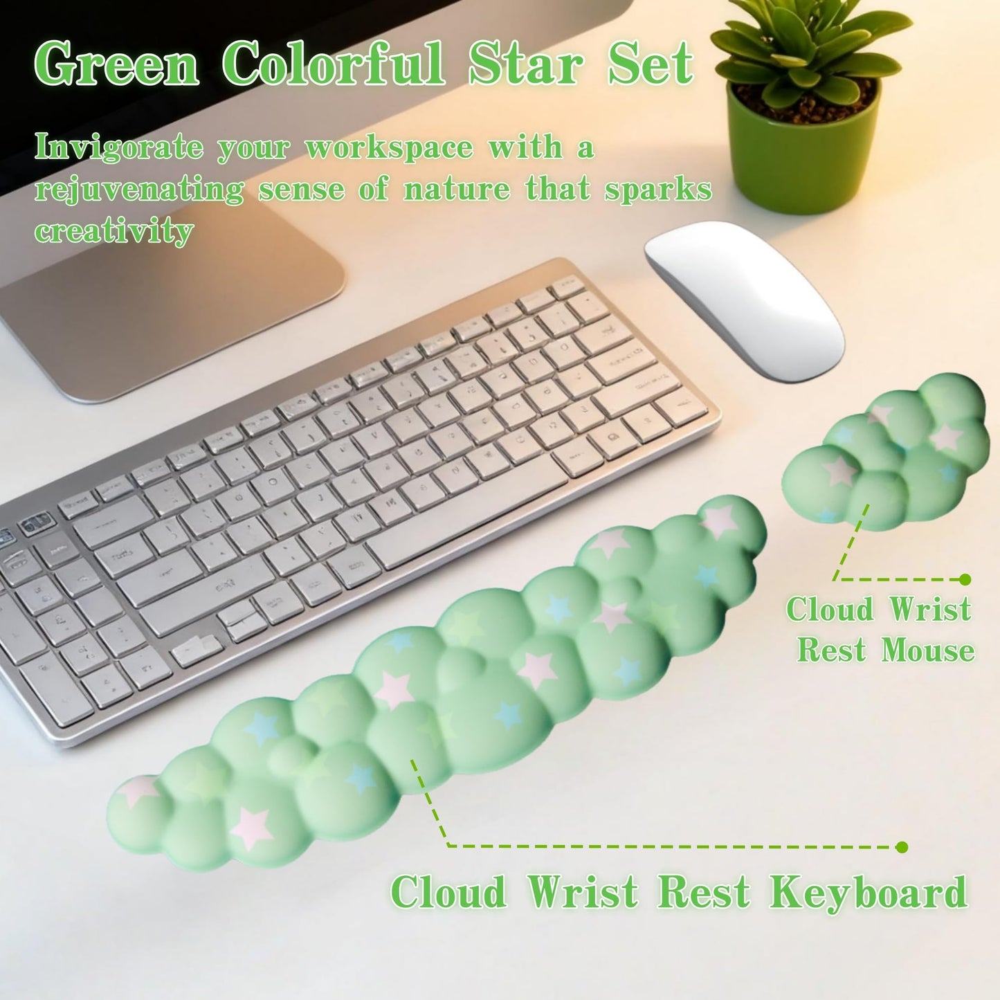 LJYZMD Cloud Wrist Rest Set for Keyboard and Mouse, Includes Cute Coaster, with Computers and Laptops (Green Colorful Star Set)