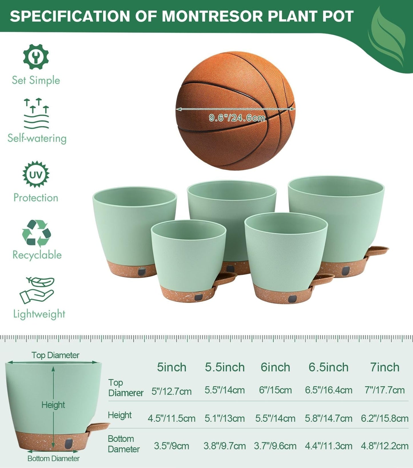 montresor Set of 2-10 Inch Hanging Planters and 5 Pack Green 5/5.5/6/6.5/7 Inch Self-Watering Pots Set