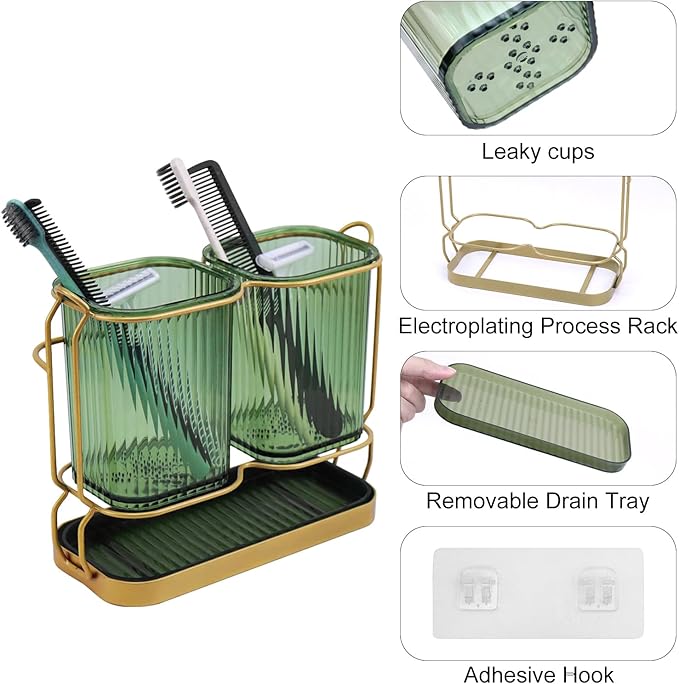 Green Toothbrush Holders for Bathrooms, Toothbrush Holders with Drain Tray, 2 Cups Tooth Brushing Holder, Bathroom Organizers and Storage Caddy Countertop for Toothpaste, Razors, Toothbrush