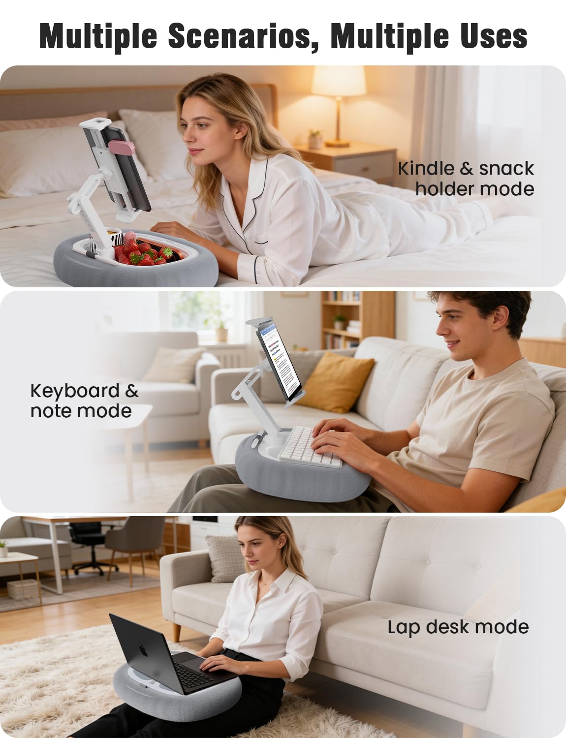 Tablet Kindle Pillow Stand Holder Free Adjustment with 3 Divided Trays Fit 4''-13'' Phone Kindle iPad Holder Stand Ultra Stable for Bed Soft Plus Fabric Dust Cover Lap Desk Kindle Accessories Gray