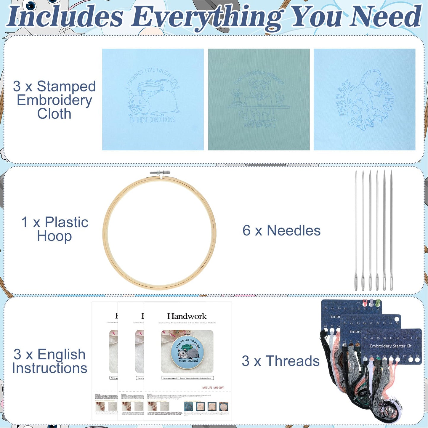 Mindsoft 3 Sets Possum Embroidery Kit with Embroidery Hoop Easy Pattern Needlepoint Kit for Beginners and Adults Hand Crafts Needlepoint Set with Needles Thread and Instruction