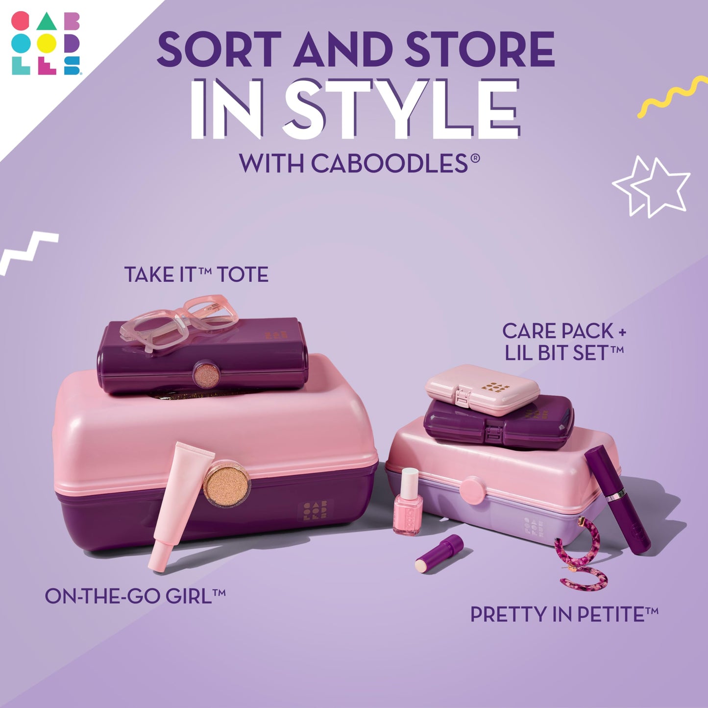 Caboodles On-The-Go Girl Makeup Box, Seafoam on Lavender, Hard Plastic Makeup Organizer Box, Built-In Mirror, Secure Latch for Safe Travel, Spacious Storage for Large Items