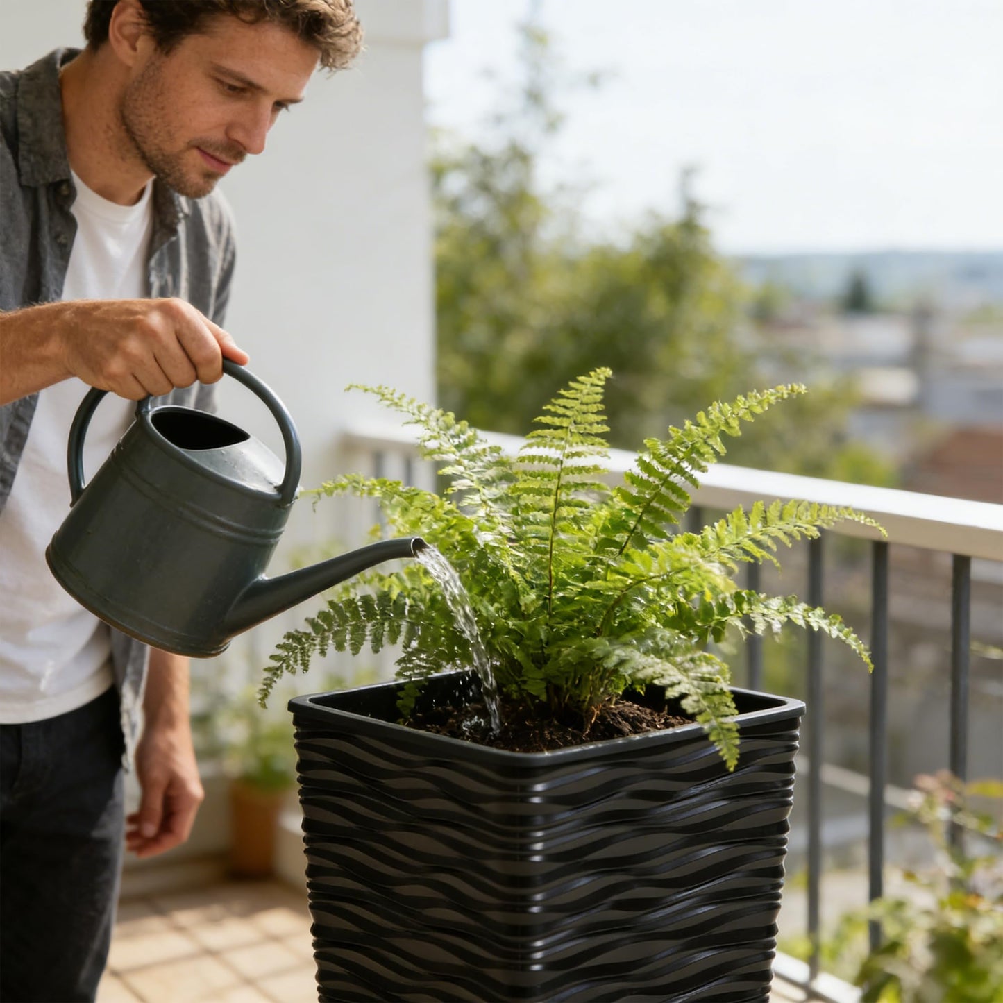 Worth 2 Pack 22" Tall Plastic Square Tapered Planter with Inside Pots for Indoor or Outdoor Use, Modern Wavy Finish for Front Porch or Deck, Black