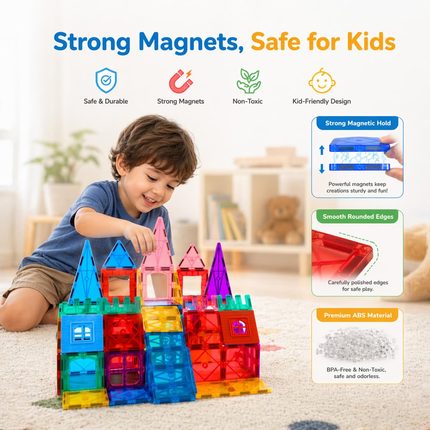 AFUNX Magnetic Tiles,102PCS Magnetic Building Blocks 3D Clear Construction Playboards, Inspiration, Creativity Beyond Imagination, Educational Magnet Toy Set for Kids with 2 Cars