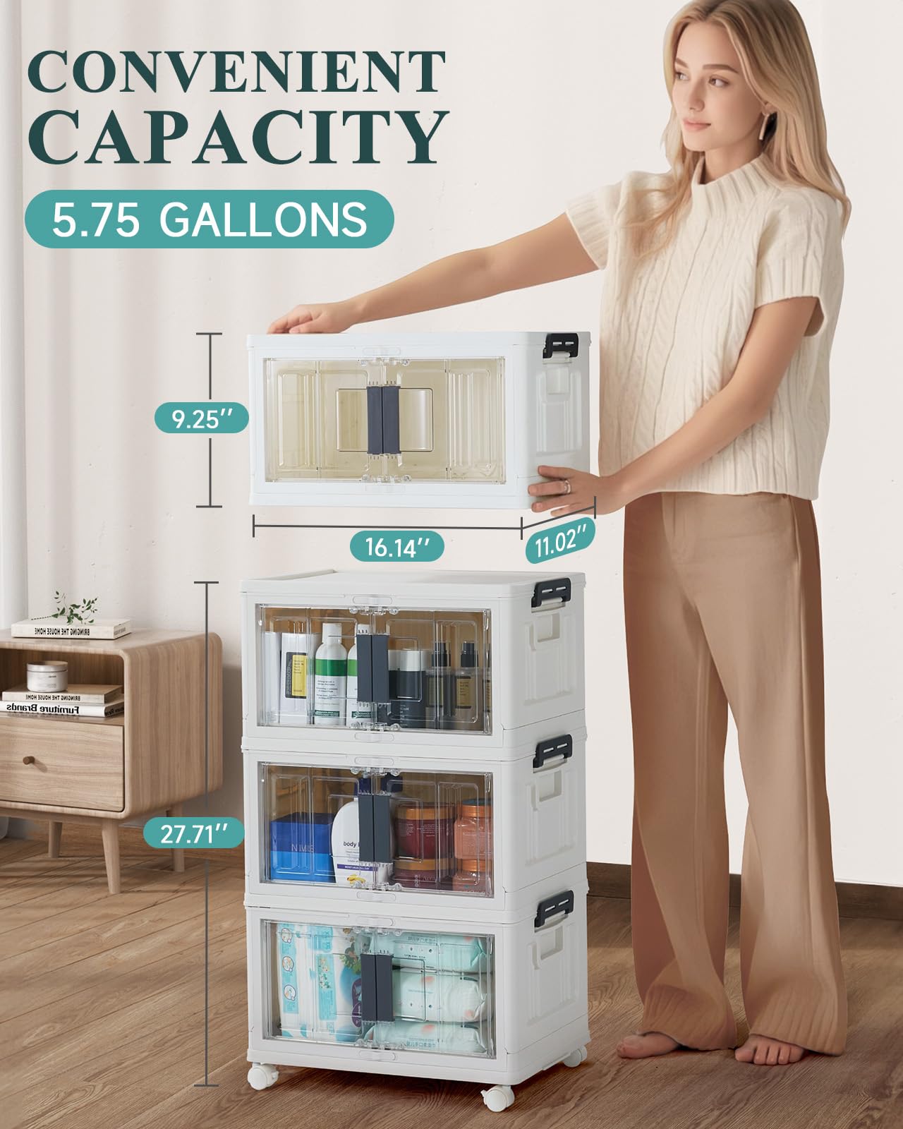 OlarHike 23QT Stackable Storage Bins with Lids - Folding Storage Box with Doors and Wheels, Collapsible Plastic Storage Bins for Closets and Organization, Bathroom, Office, Gifts, 3 Pack Cubes