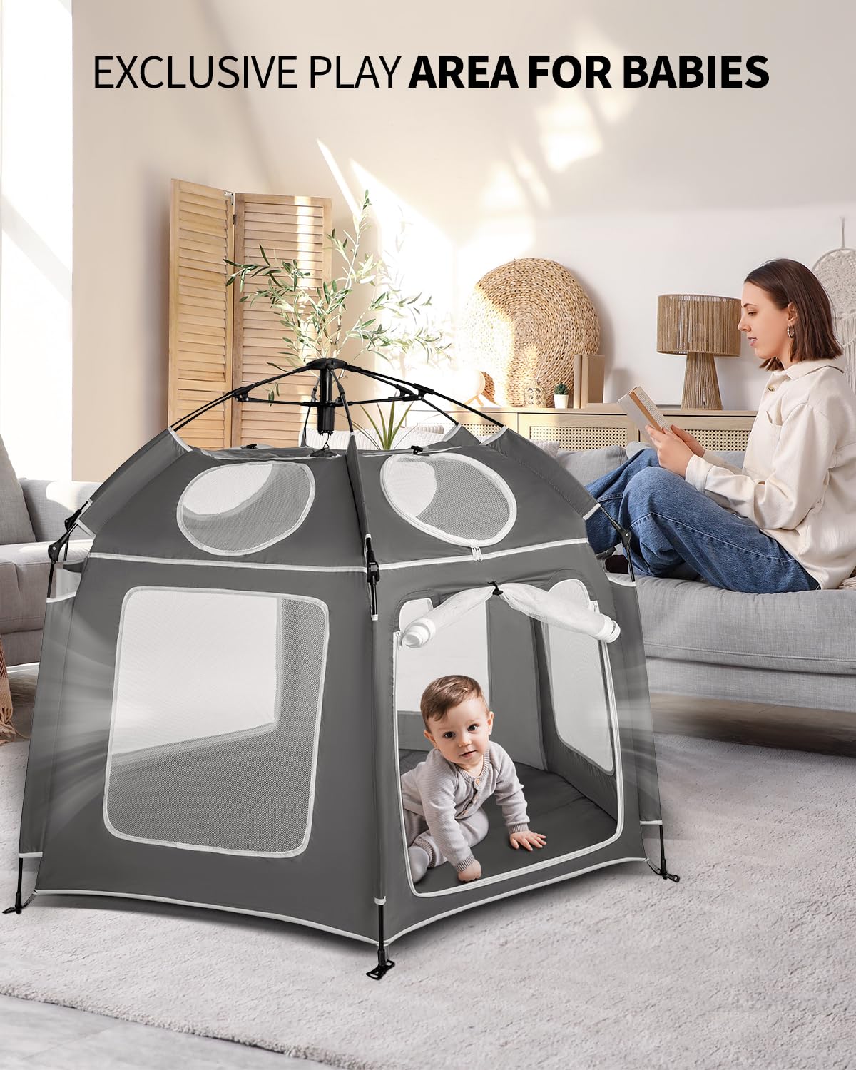 Pop-Up Portable Baby Playpen with UV Canopy, Waterproof Outdoor & Indoor Play Tent, Breathable Mesh Sides, Quick Setup Folding Baby Play Yard with Carry Bag & Stakes 59"