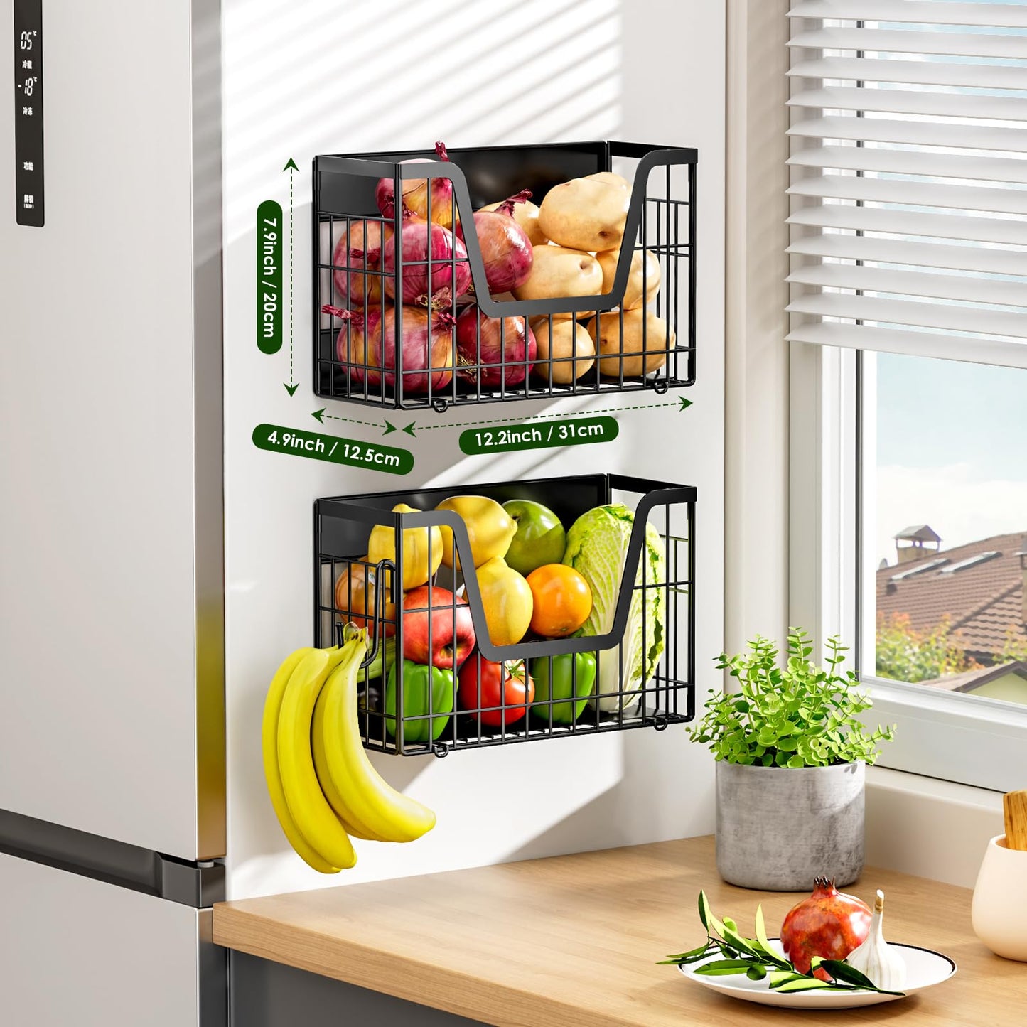 YIWANFW 2 Set Magnetic Shelf for Fridge, Potato & Onion Storage Bins, Magnetic Fruit Basket for Refrigerator Pantry Kitchen Counter Laundry, Magnetic Fridge Organizer Spice Snacks Magnet Fridge Shelf