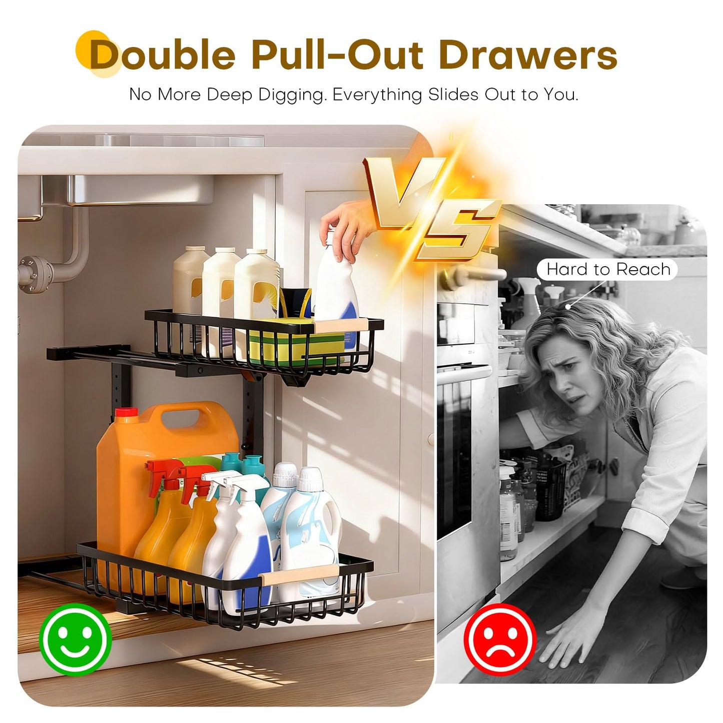 ZELOREA Under Sink Organizer, Heavy-Duty & Rust-Resistant Carbon Steel Metal, 2 Tier Pull Out Under Bathroom Sink Storage, Adjustable Height (13.8" -16.9"), Organizer for Kitchen Cabinet(2PCS,Black)