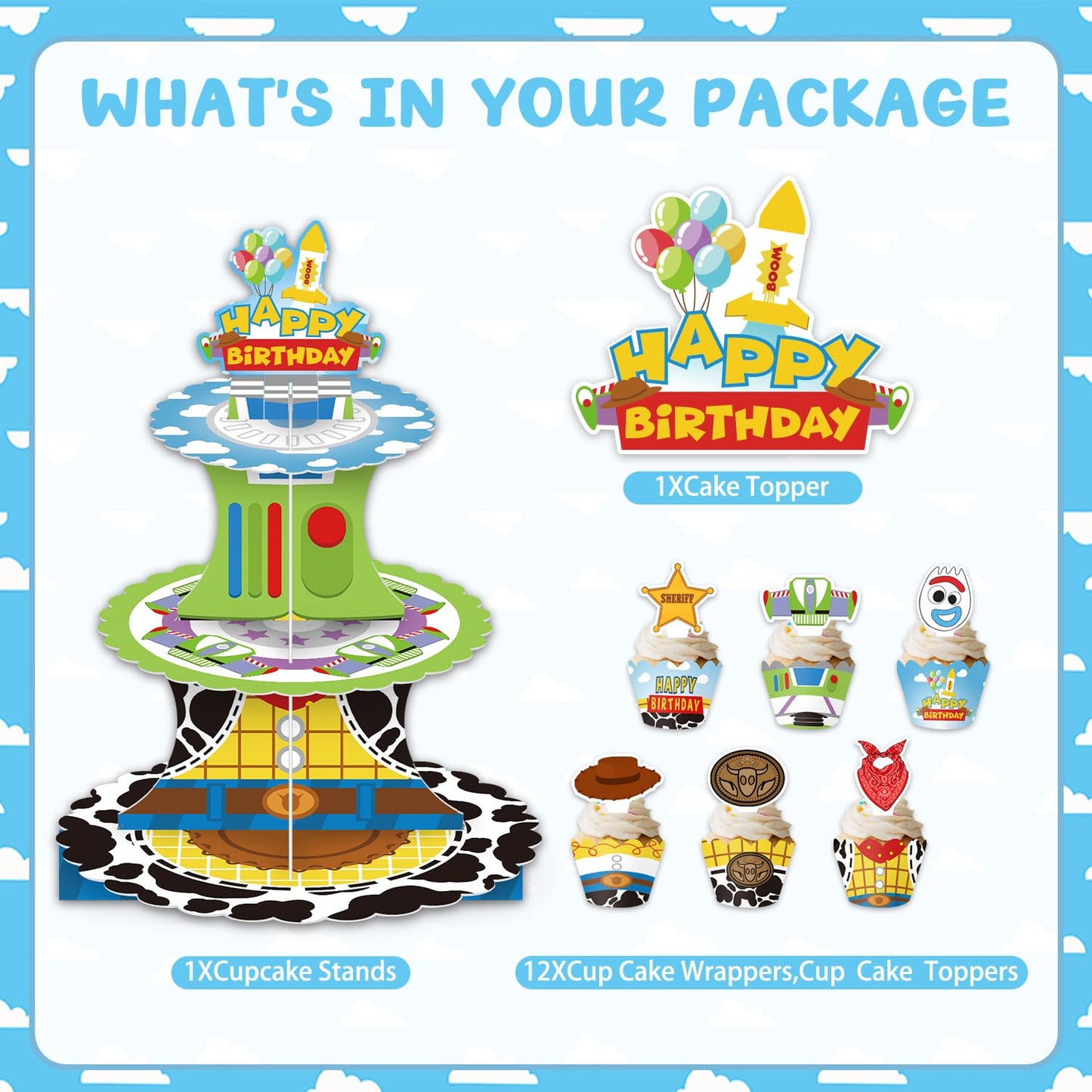 26Pcs Cartoon Story Birthday Party Decorations Including Cake Stand Cupcake Wrappers Cupcake Topper Cake Topper