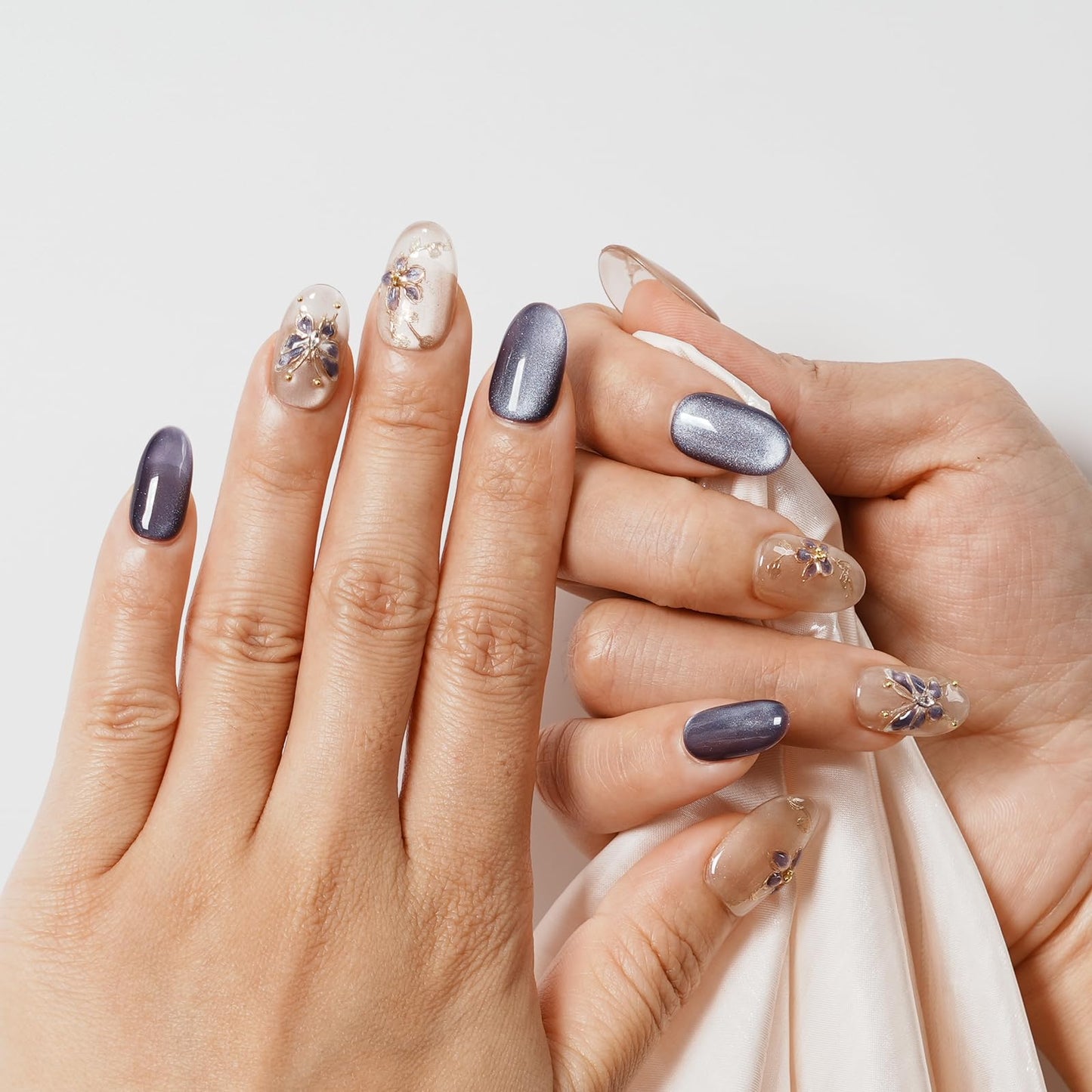Tesytto Handmade Press on Nails Almond Shape Glossy Reusable False Nails for Nail Art (Soft Purple Gold Branch, S)