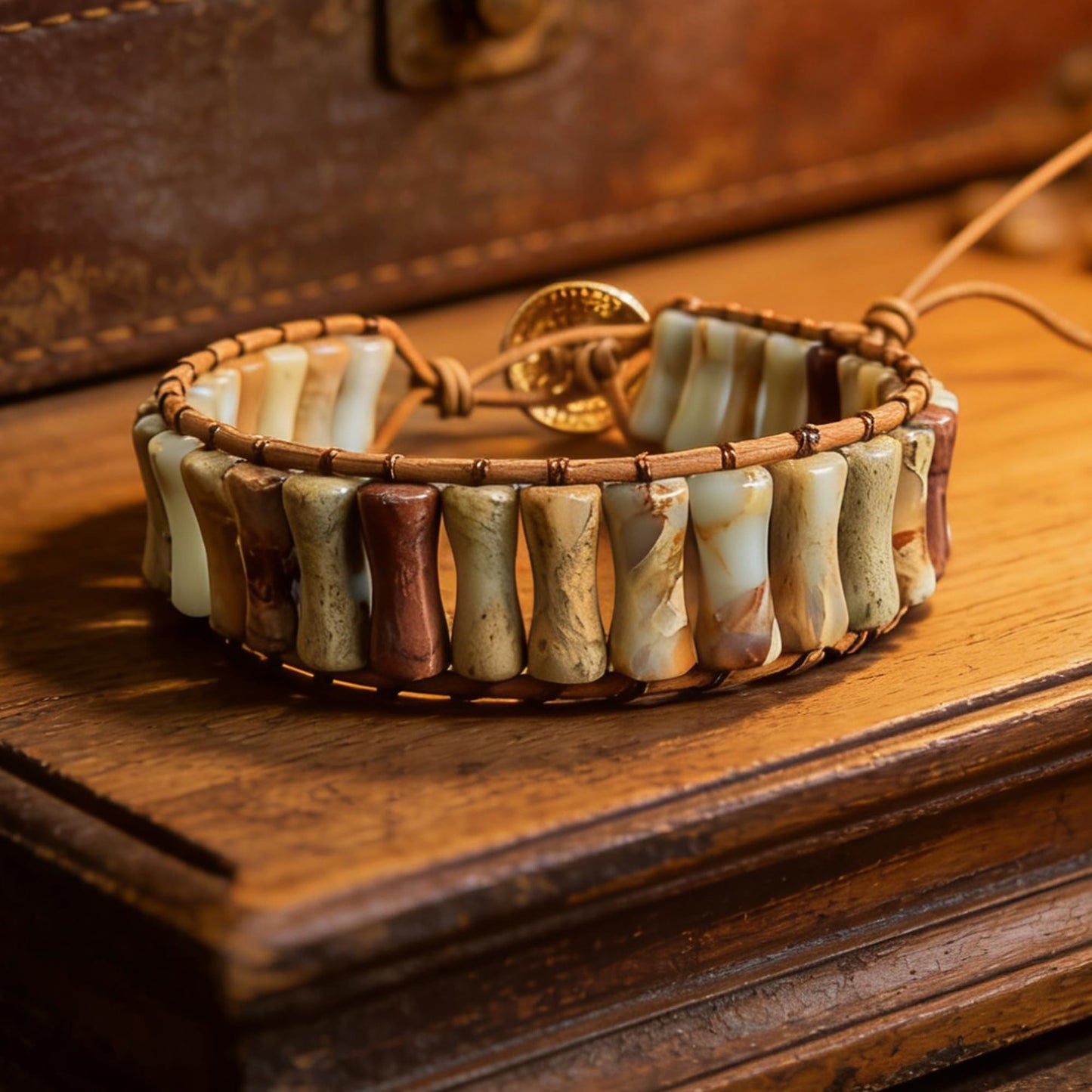 Plumiss Handmade Natural Agalmatolite Stone Bracelet for Men Women - Boho Leather Wristband with Adjustable Drawstring Closure, Unique Earthy Tones Healing Crystal Jewelry for Casual Wear & Gifting
