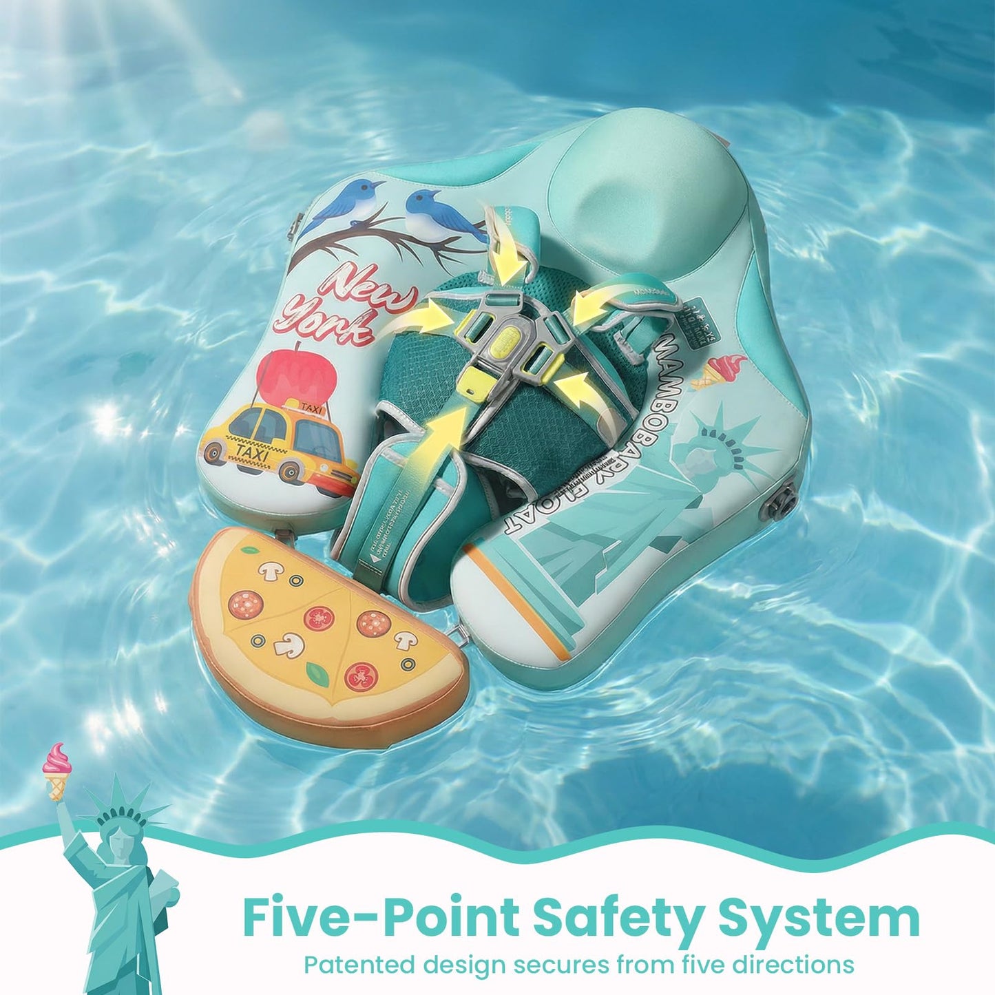 Mambobaby Float Non-Inflatable Baby Float with Canopy, Five-Point Safety System, 3D Canopy(Detachable) UPF 50+, Baby Pool Floats for 3-24 Months, Dual-Mode Toddler Swim Floaties