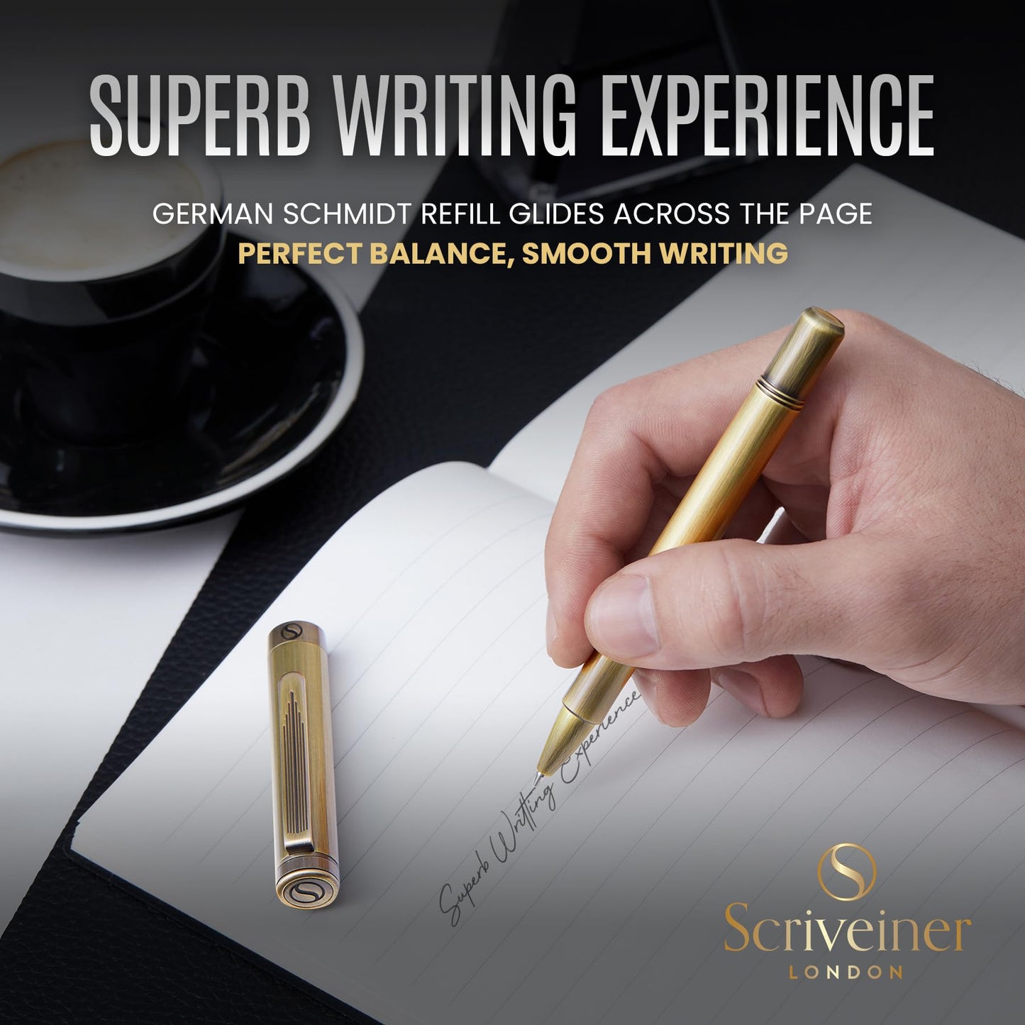 Scriveiner Brass EDC Luxury Rollerball Pen, Stunning Heavy Pocket Rollerball, Hand Brushed Bronze Finish, Best Writing Gift for Men, Women, German Schmidt Refill, Fancy Office & Designer Pen