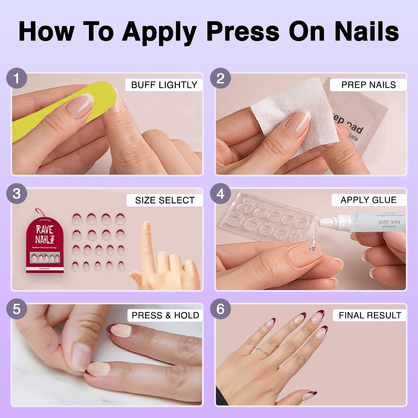 Rave Nailz Wine French Tip Press On Nails (30 Count) - Short Oval Glossy Press On Nails with Subtle Elegance - Chip-Resistant Fake Nails with Glue, Includes File, Long-Lasting 2+ Weeks