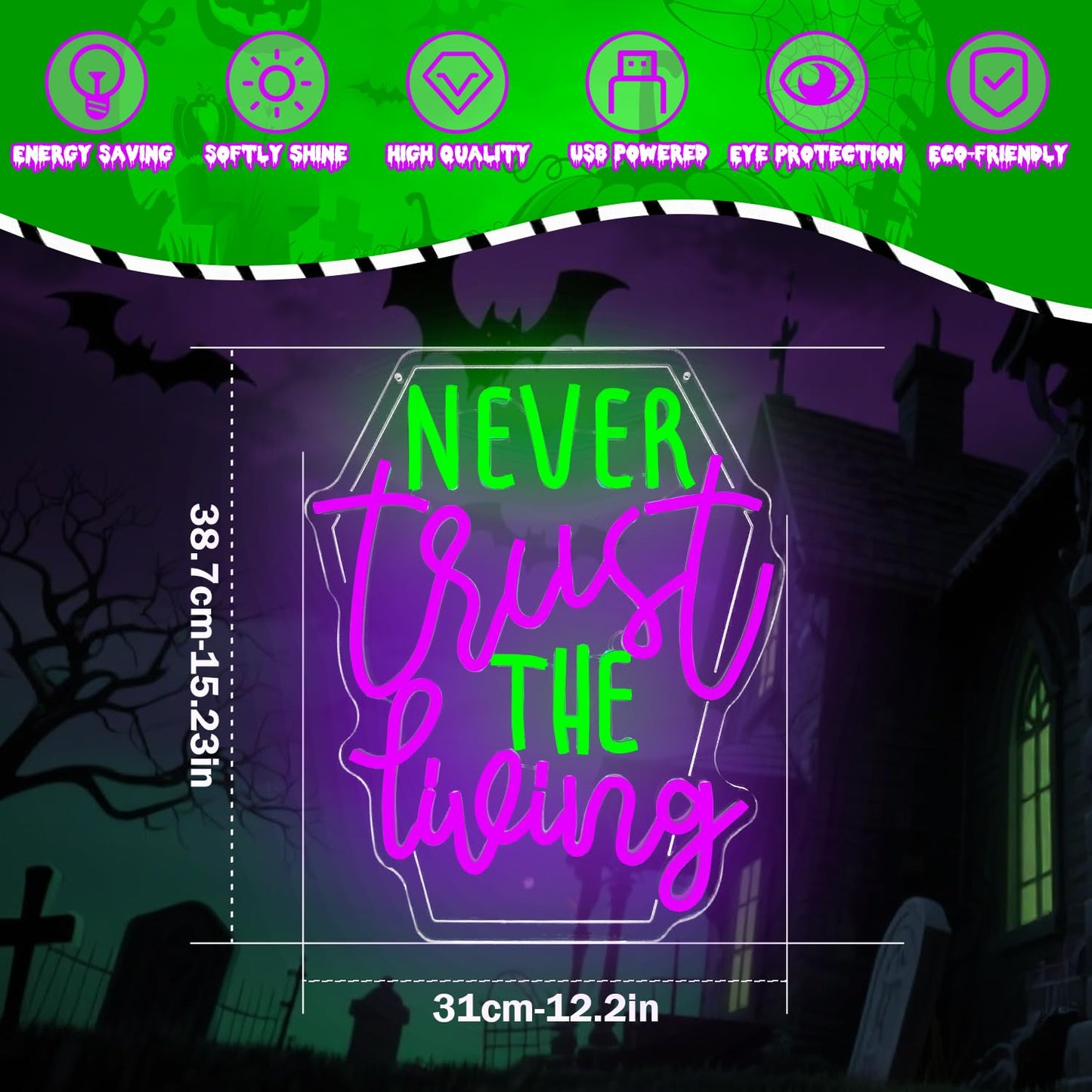 Ajoyferris Never Trust The Living Neon Sign Halloween Led Signs Dimmable Tombstone Light Up Sign Gothic Haunted House Neon Window Lights Scary Halloween Decorations