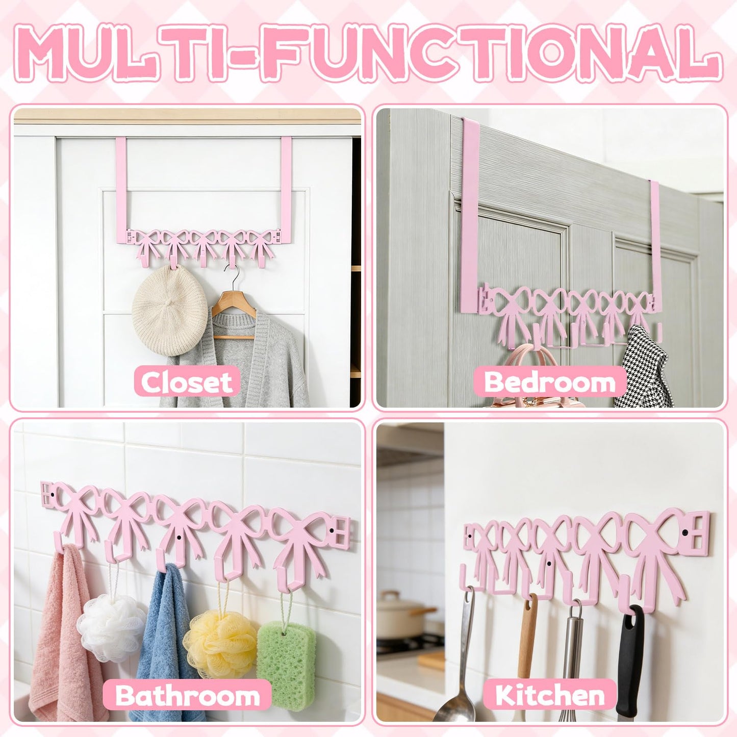 Yitexin 2 Way Mounting, Wall Mount or Over the Door Hooks, Cute Pink Bow Door Rack Hanger for Hanging, Heavy Duty Towel Rack with 5 Hook for Hats Purses Coats Clothes Bathroom Organizer (Pink)