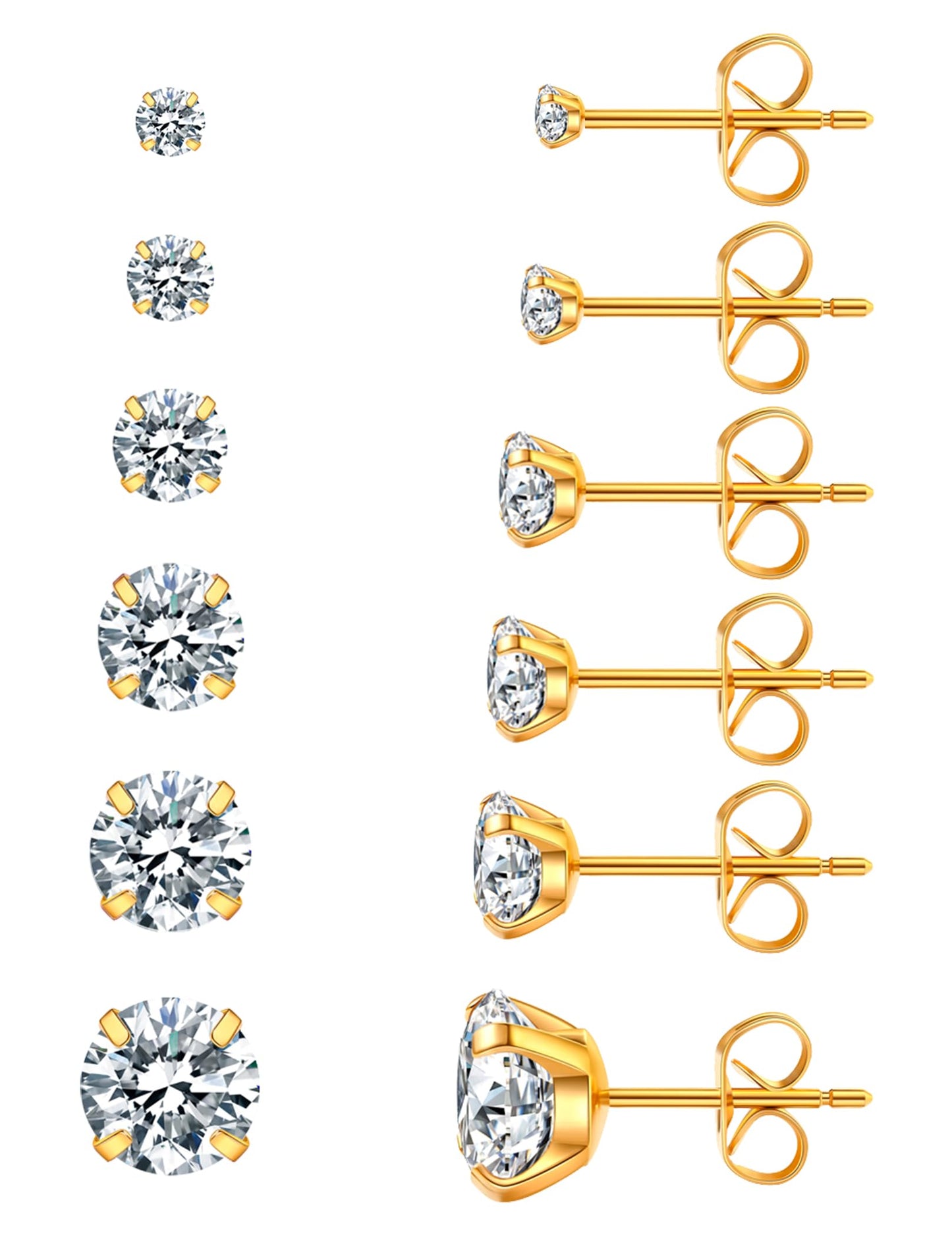 6 Pairs Stud Earrings Hypoallergenic Cubic Zirconia 316L Earrings Stainless Steel CZ Earrings Set 3-8mm (gold)