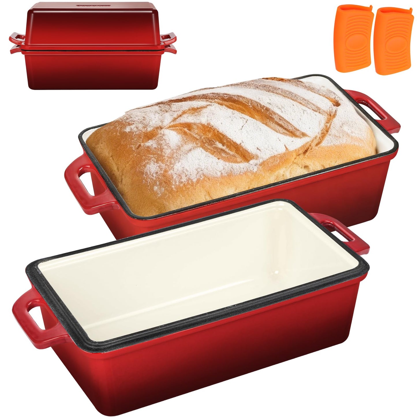 Wildone Enameled Cast Iron Bread Loaf Pan with Lid, 9x5 Sourdough Baking Pans for Homemade Bread, Cake, Meatloaf, Even Heating Bread Pans, 2-Piece Set, Red