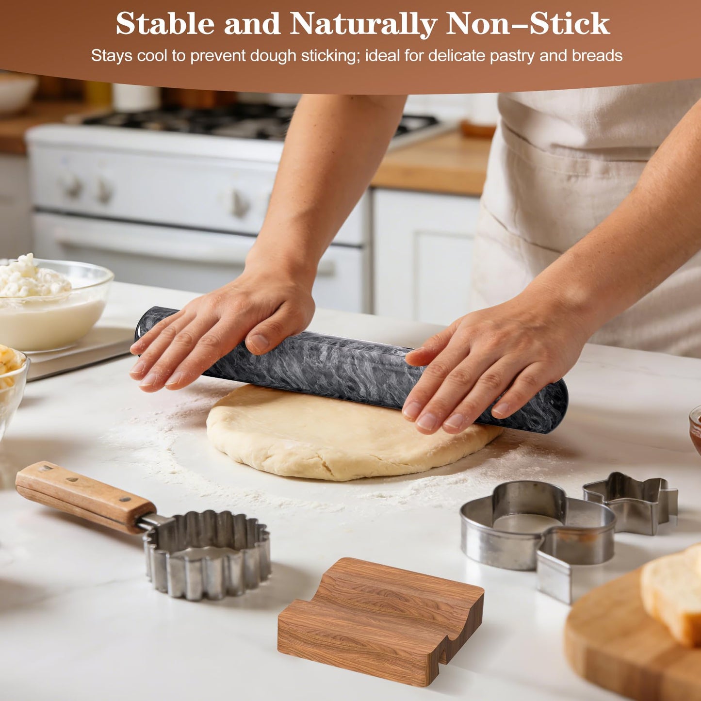 Marble Rolling Pin with Wooden Stand, FiiMan 12 Inch Heavy Rolling Pin for Dough, Stone French Polished Non-Stick Roller Pins For Baking Cookie Pizza Pastry (Black)