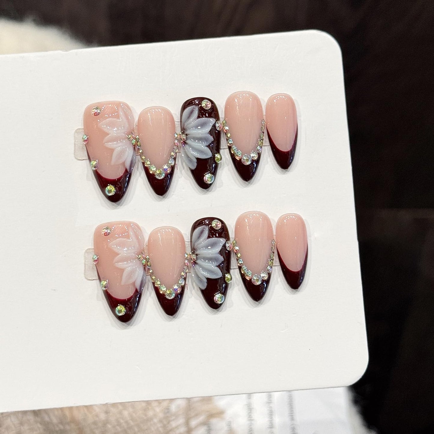 Handmade Press on Nails Medium Almond Fake Nails with 3D Flower Diamond Designs French Tip False Nail Spring Summer Acrylic Nails Dark Red Full Cover Glue on Nail for Women Nail Decor（Size S）