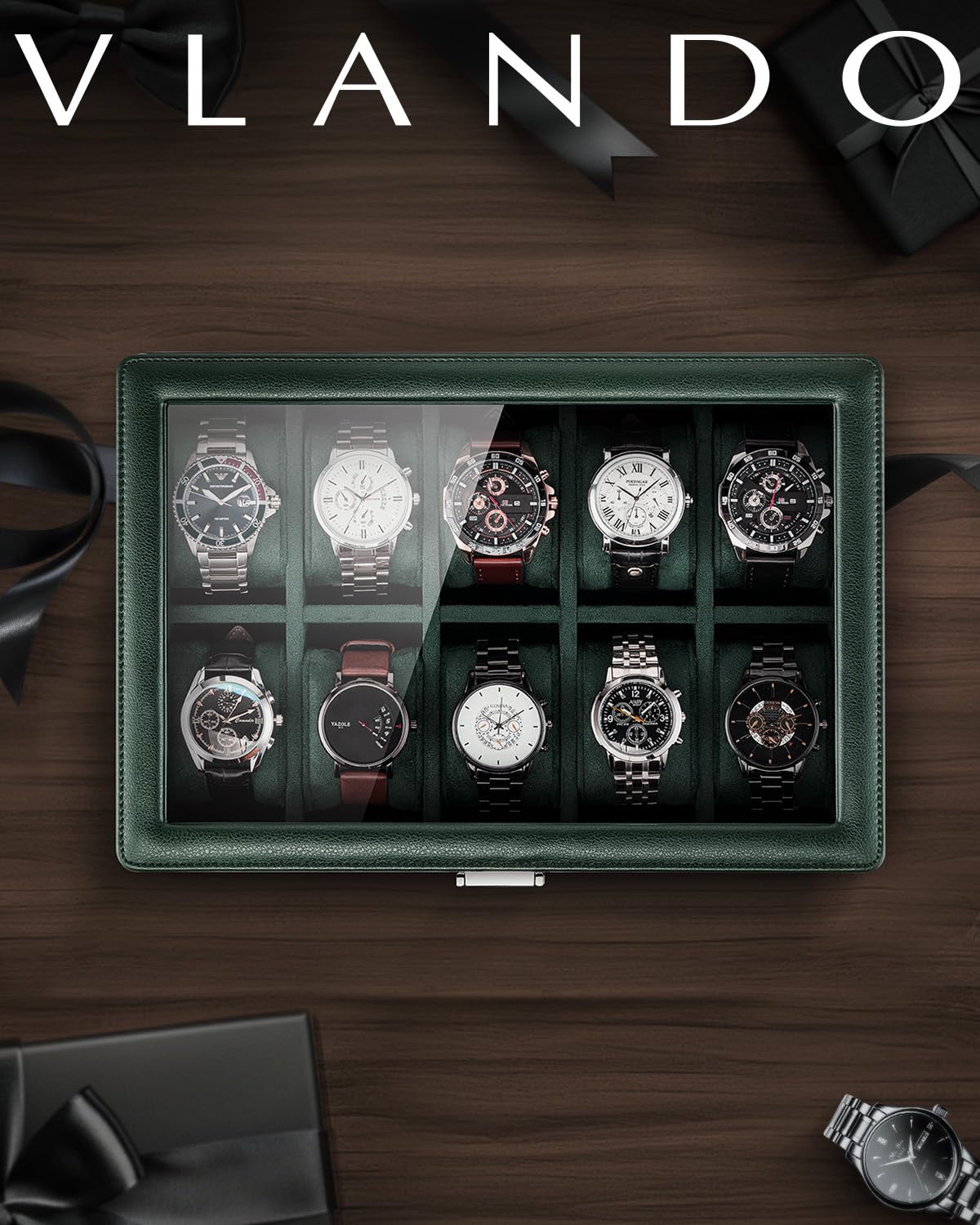 Vlando Watch Box for 10 slot, Lockable Watch Case with Textured Leather, 2 Layer Watch Holder for Rings, Bracelets, Glasses, Glass Lid, Removable Divider, Gift for Fathers, Husband, Friend, Dark Green
