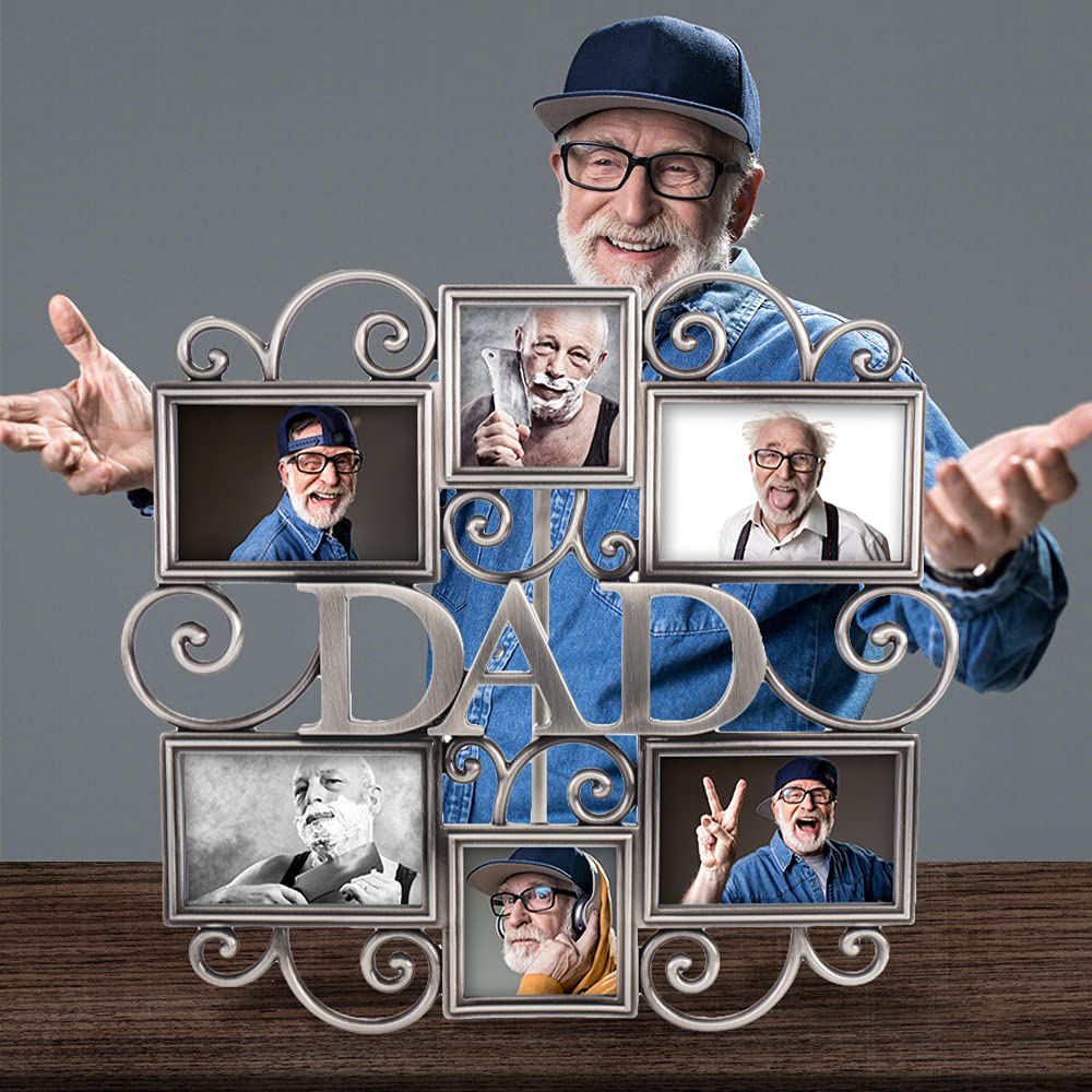 LASODY Dad Picture Frame,Cherish Every Memory,6 opening photo collage,Antique Silver,Father Day Giftsasody Fathers Day And Mothers Day Collage Picture Frame (3”X2“+2“x2", Dad)