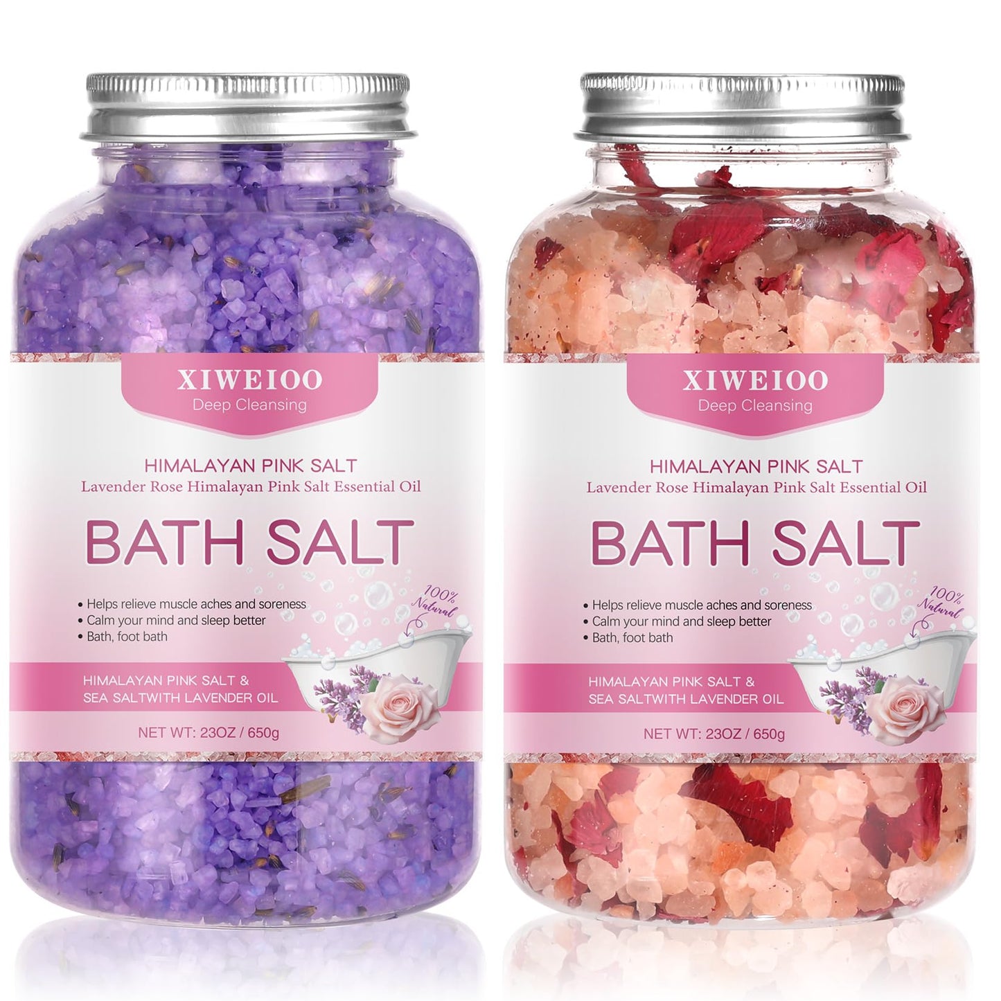 XIWEIOO Bath Salts kit Himalayan Pink Salt -46 oz, Pack of 2 Natural Epsom Salt Rose, and Lavender- Essential Oils Relaxes and Better Sleep Foot Soak Tea Tree Oil Soaking & Bathing