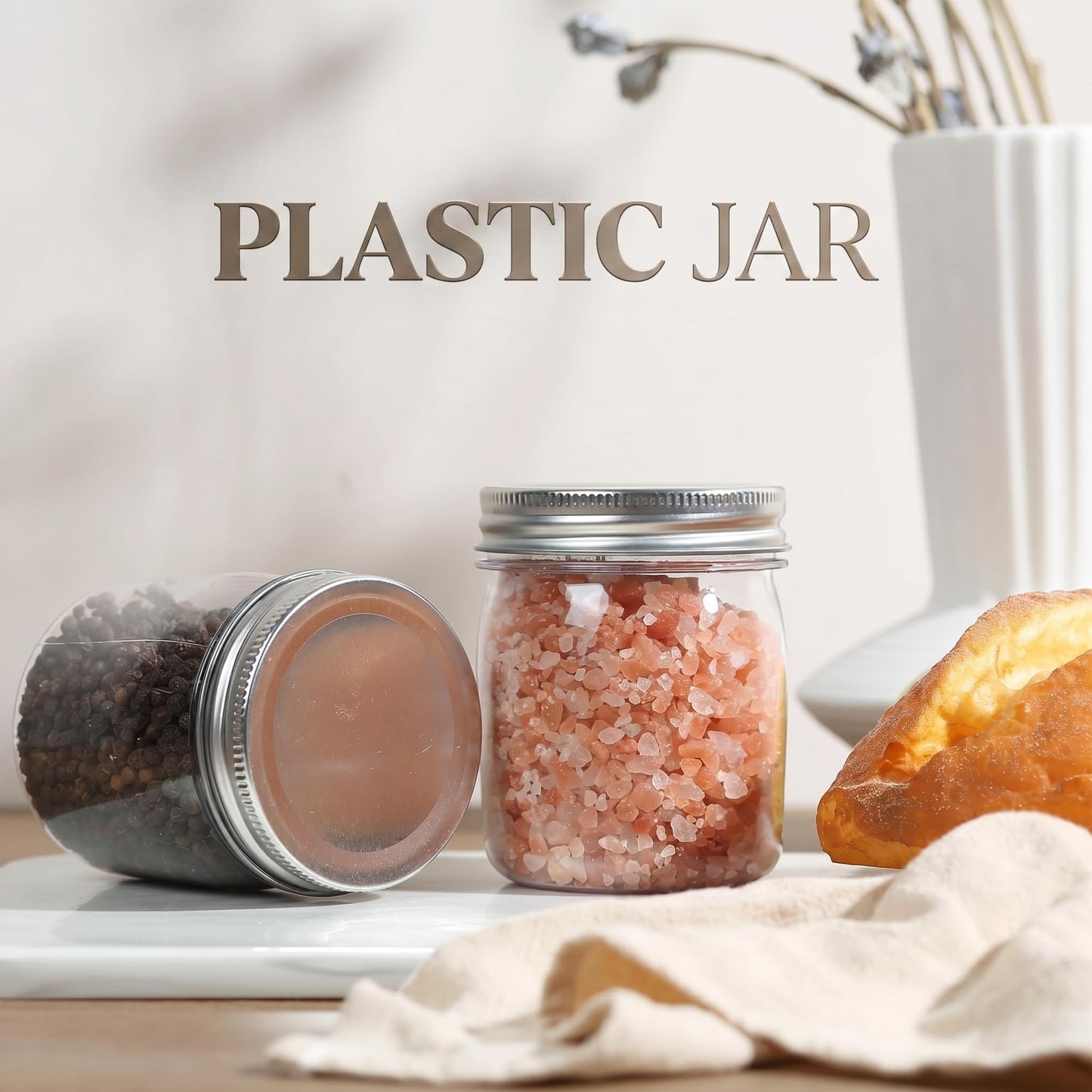 novelinks 8 oz Clear Plastic Jars with Airtight Lids, 16 Pack Plastic Mason Jars with Lids 8oz, Refillable Storage Slime Containers & Small Spice Jar for Kitchen Organization (16 Pack,Silver)