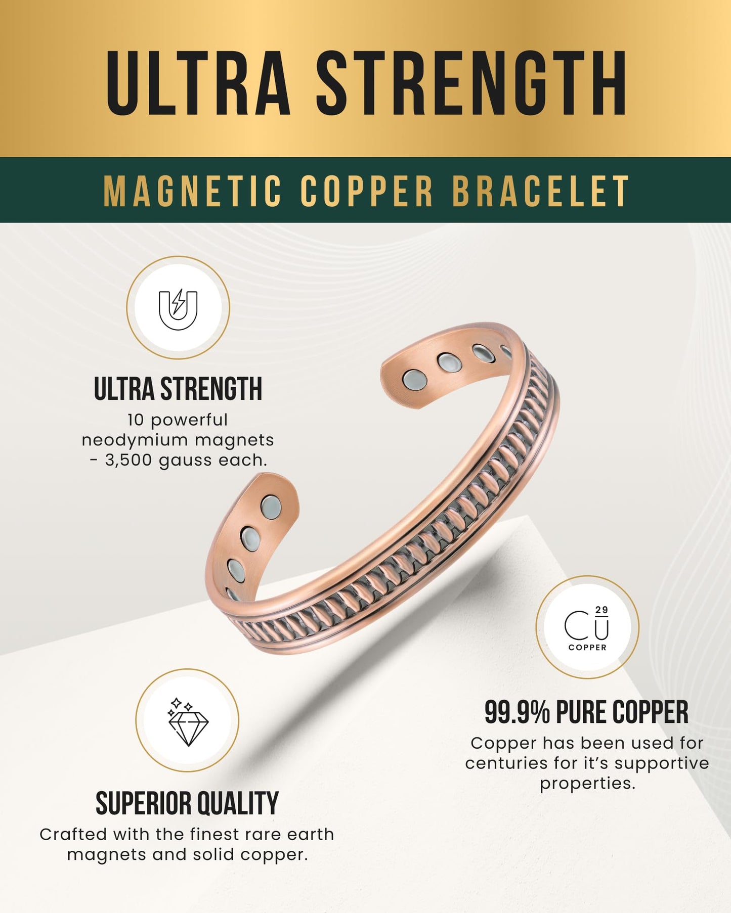 MagnetRX® Magnetic Copper Bracelets for Men – Effective 99.9% Pure Copper Bracelet for Men – Adjustable Copper Magnetic Bracelets (Native)