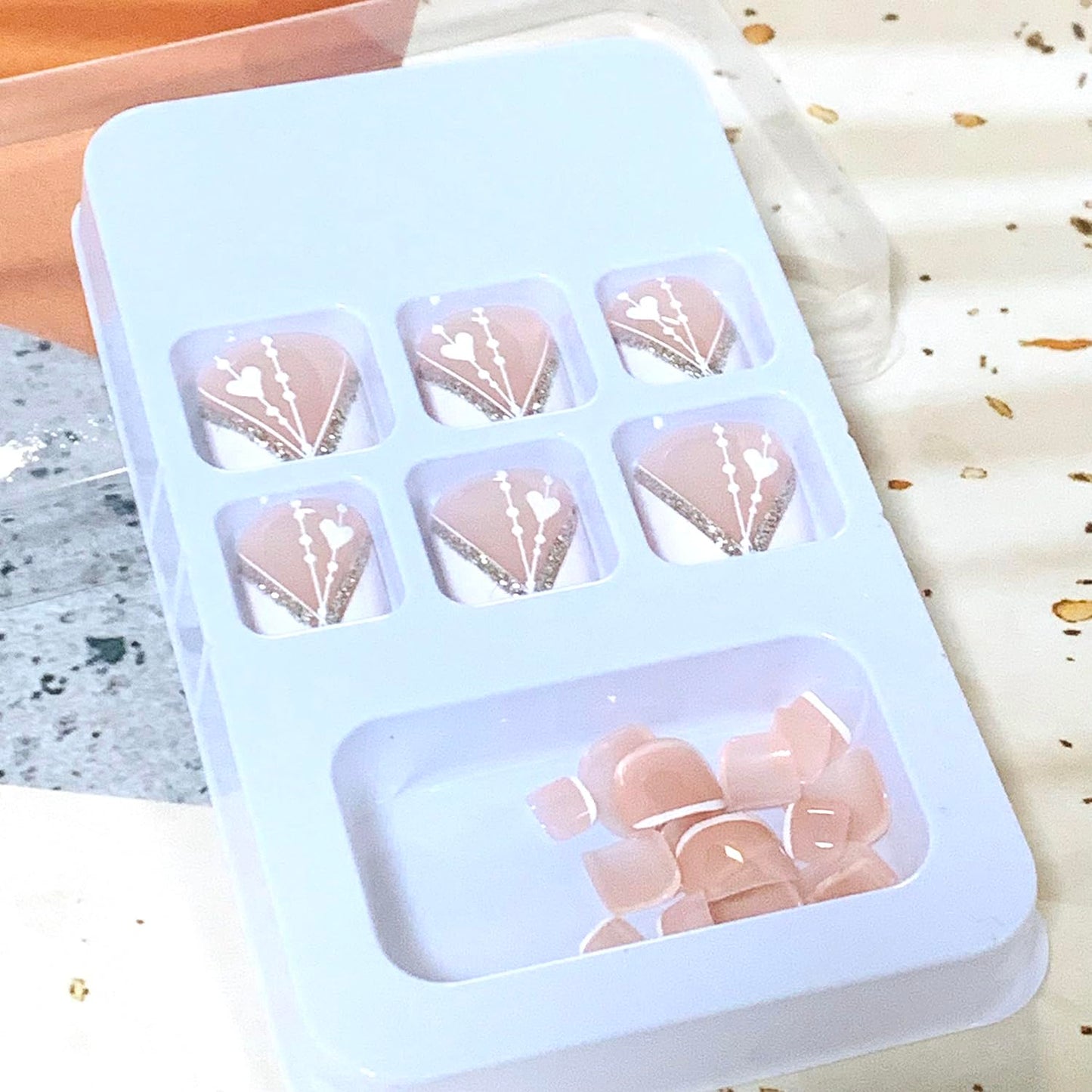 Vezocim Press on Nails with French Tips and Heart Designs, 24Pcs Artificial Nude Fake Nails for Toe, Glossy Full Cover Square Acrylic False Toenails, Press ons Toenails with Charm for Women