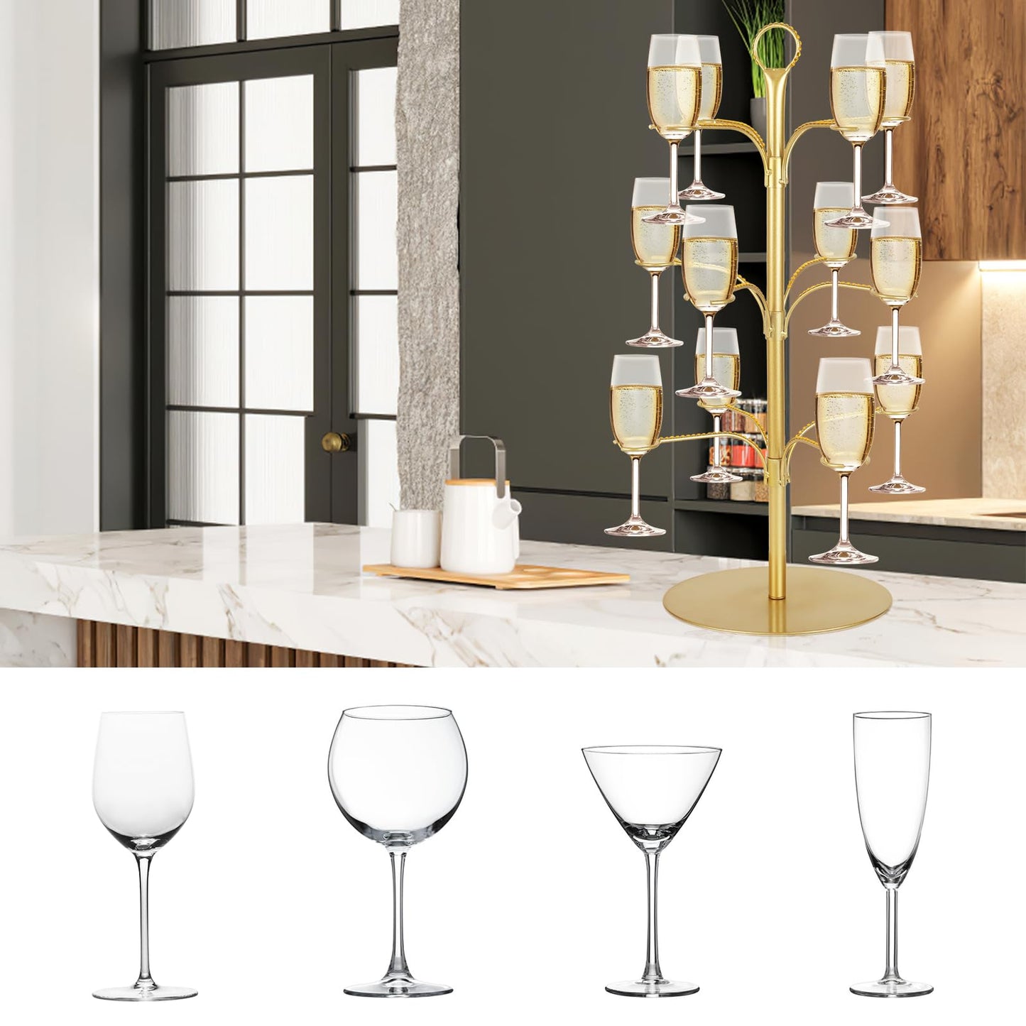 ALIMOTA Cocktail Tree Stand for Drinks Champagne Tower Wine Glasses Holder, 3 Tier 12 Holders, Bar Home Drinks Tree Display Suitable for Gin, Cocktails, Champagne, Wine