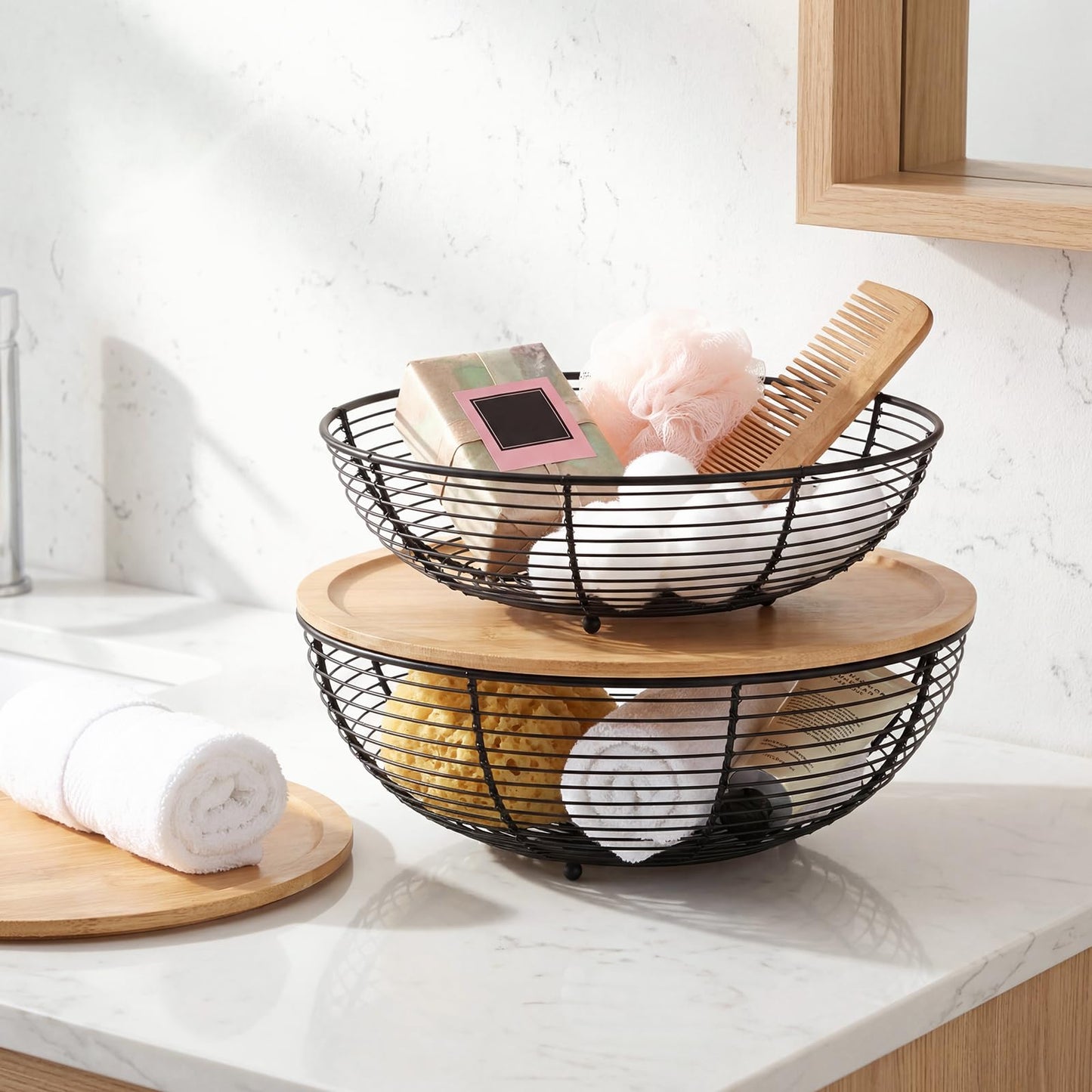 Ferrochef 2 Set Stackable Fruit Basket with Bamboo Lid 11.5 &10.5 Inch Black Metal Wire Large Fruit Bowl for Kitchen Counter Pantry Organizer and Storage for Veggie, Snacks