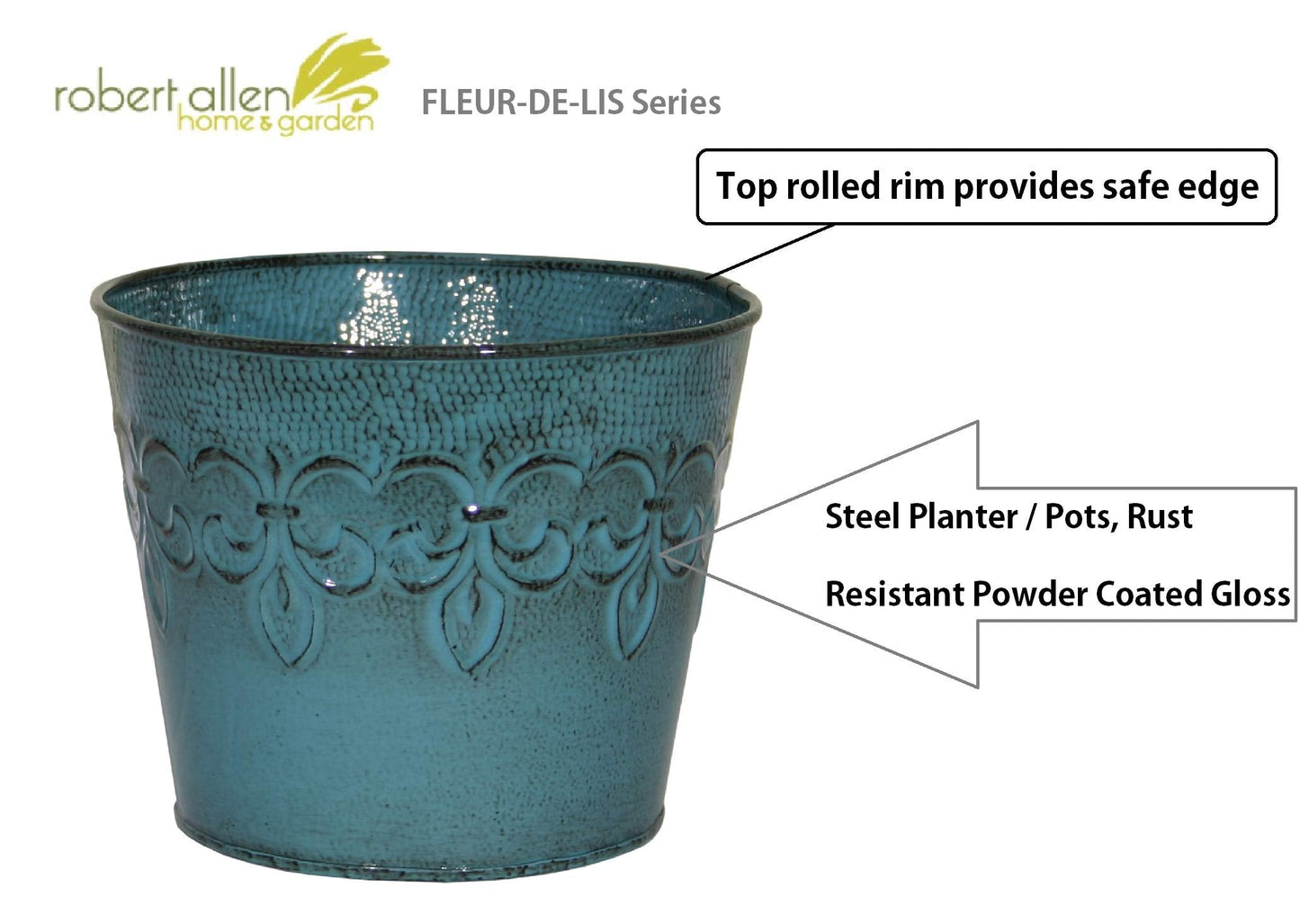 Robert Allen MPT01642 Fluer De Lis Series Metal Planter Flower Pot, 10, 8", Surf Blue